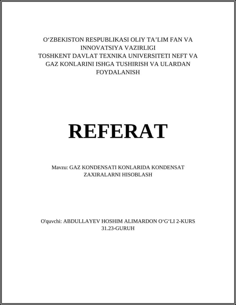Gaz Kondensati Konlarida Kondensat Zaxiralarni Hisoblash