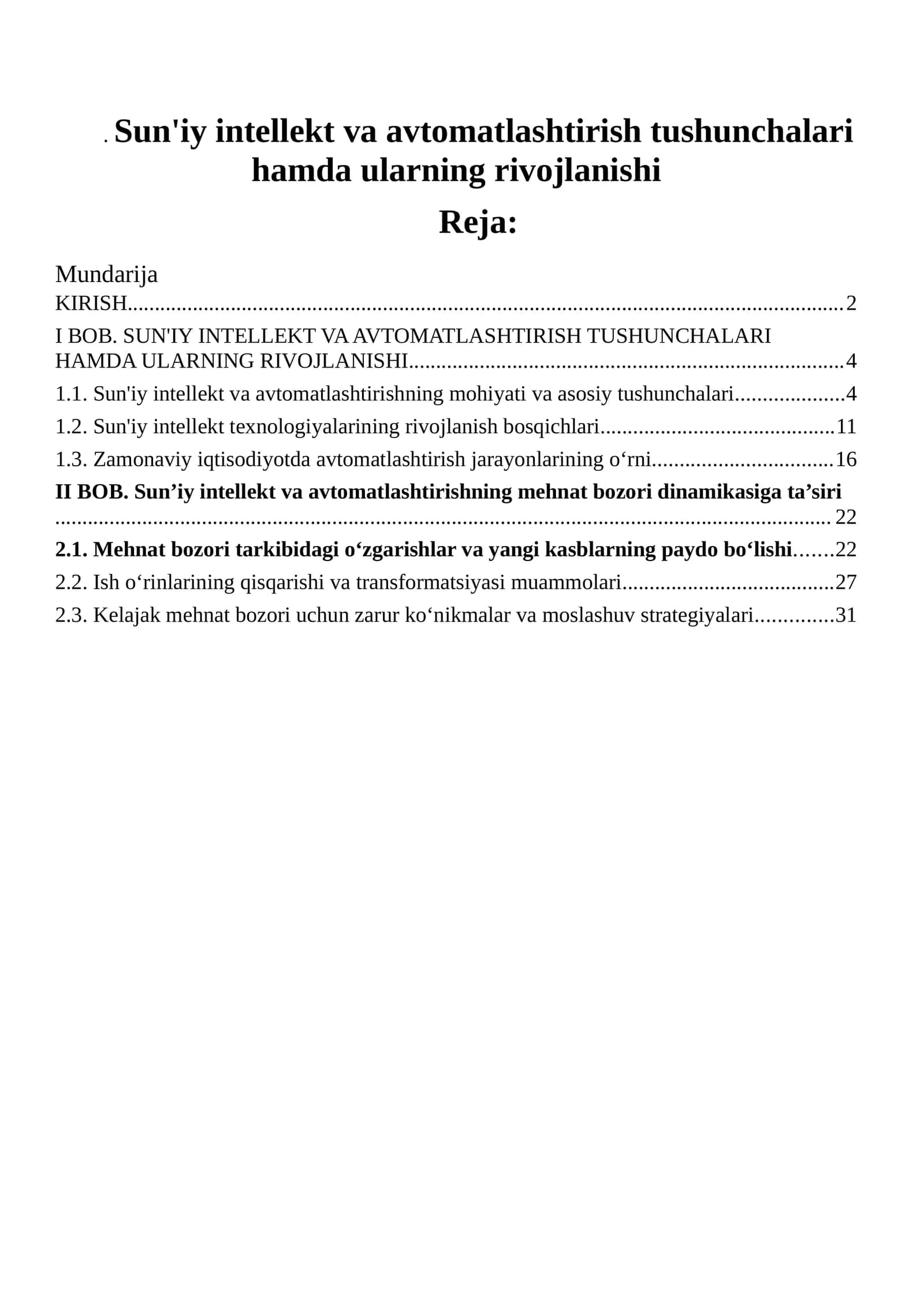Sun'iy intellekt va avtomatlashtirish tushunchalari hamda ularning rivojlanishi
