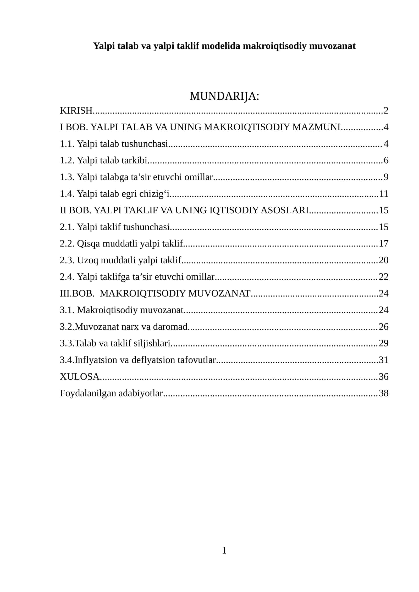 Yalpi talab va yalpi taklif modelida makroiqtisodiy muvozanat