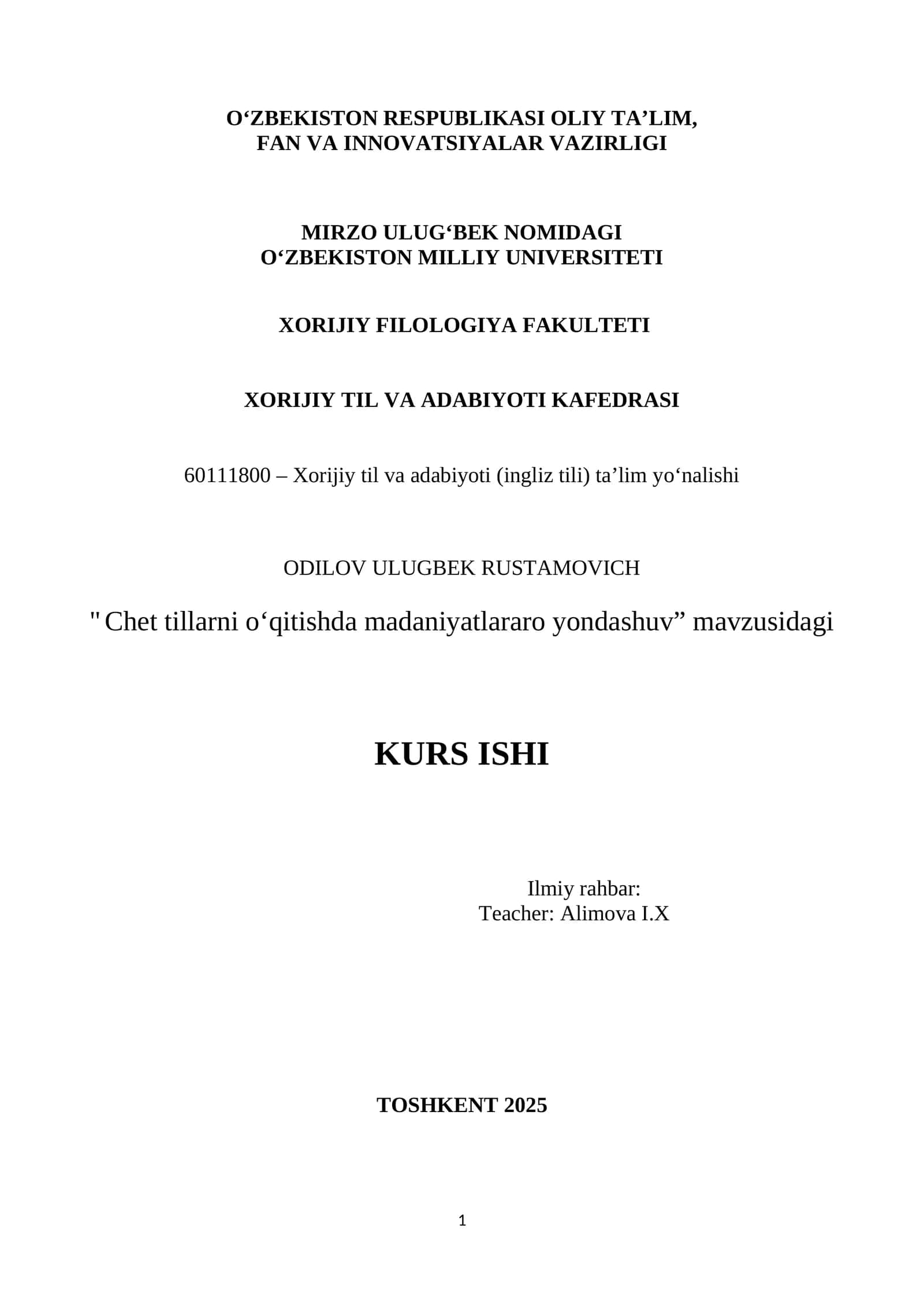 " Chet tillarni o‘qitishda madaniyatlararo yondashuv” mavzusidagi KURS ISHI