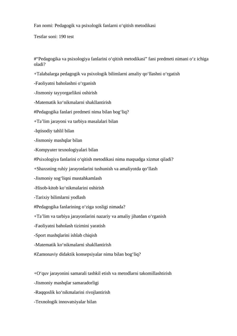 Pedagogik va psixologik fanlarni o‘qitish metodikasi