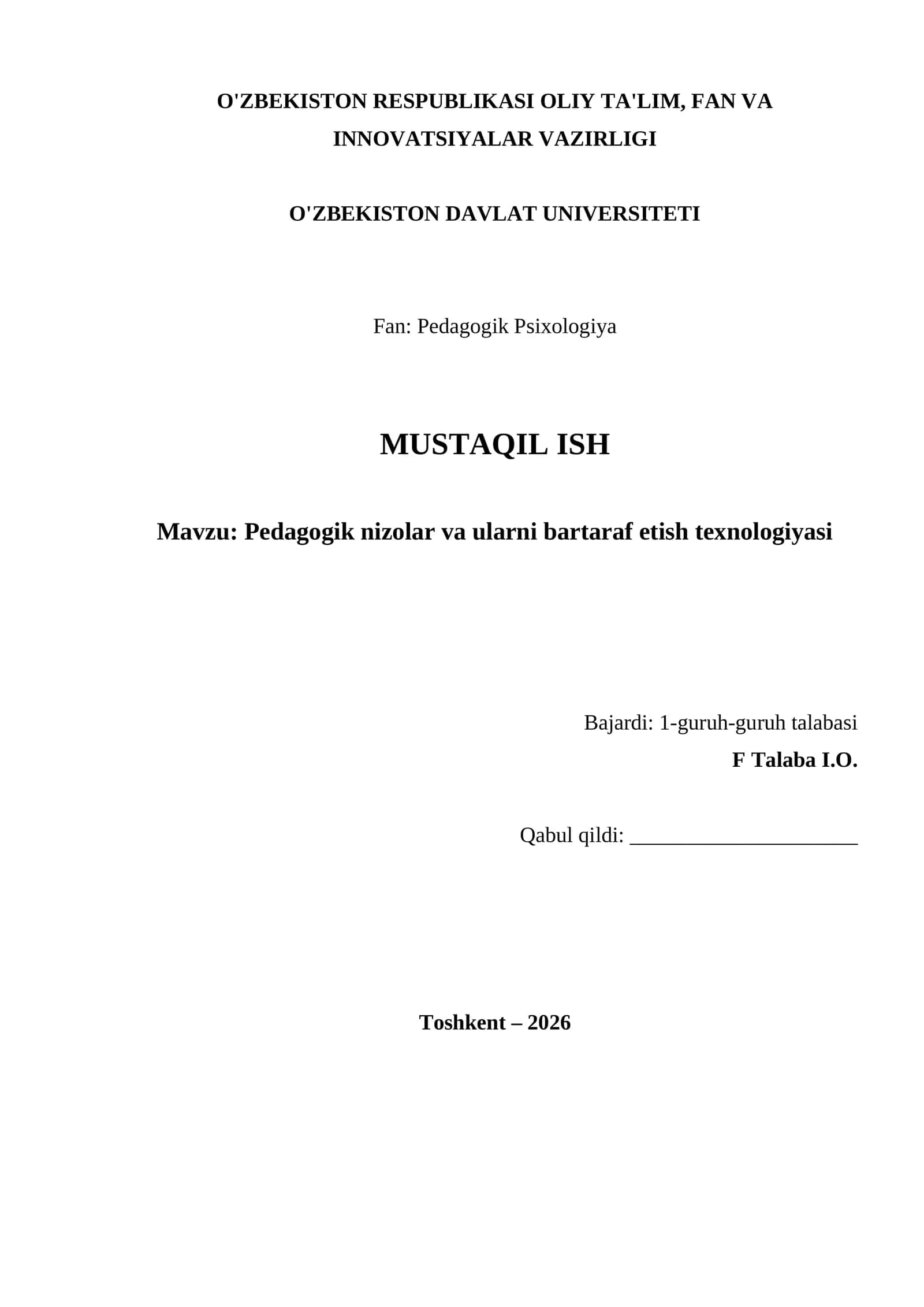 Pedagogik nizolar va ularni bartaraf etish texnologiyasi