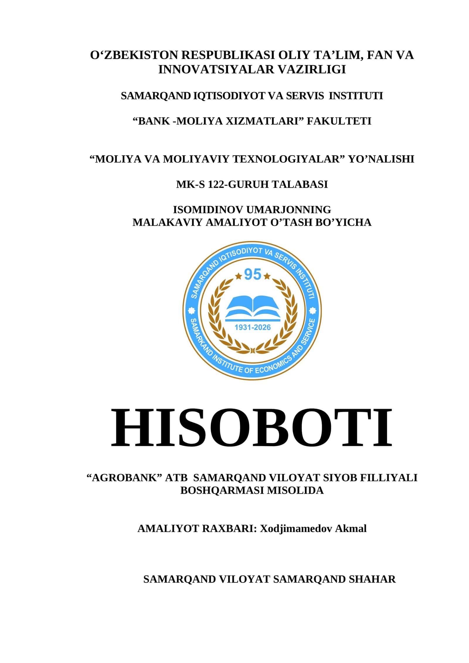 MALAKAVIY AMALIYOT O’TASH BO’YICHA HISOBOTI