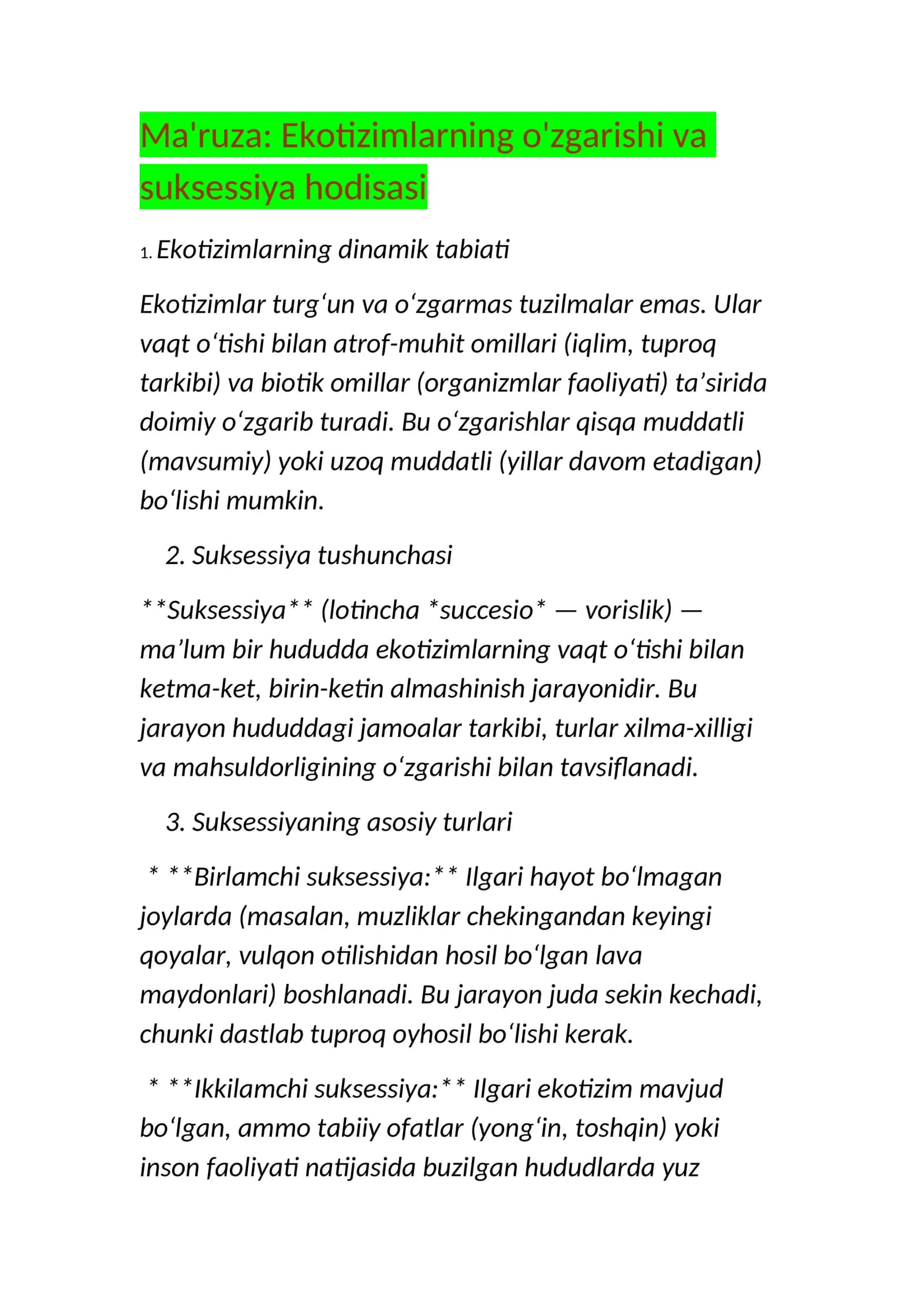 Ma'ruza: Ekotizimlarning o'zgarishi va suksessiya hodisasi