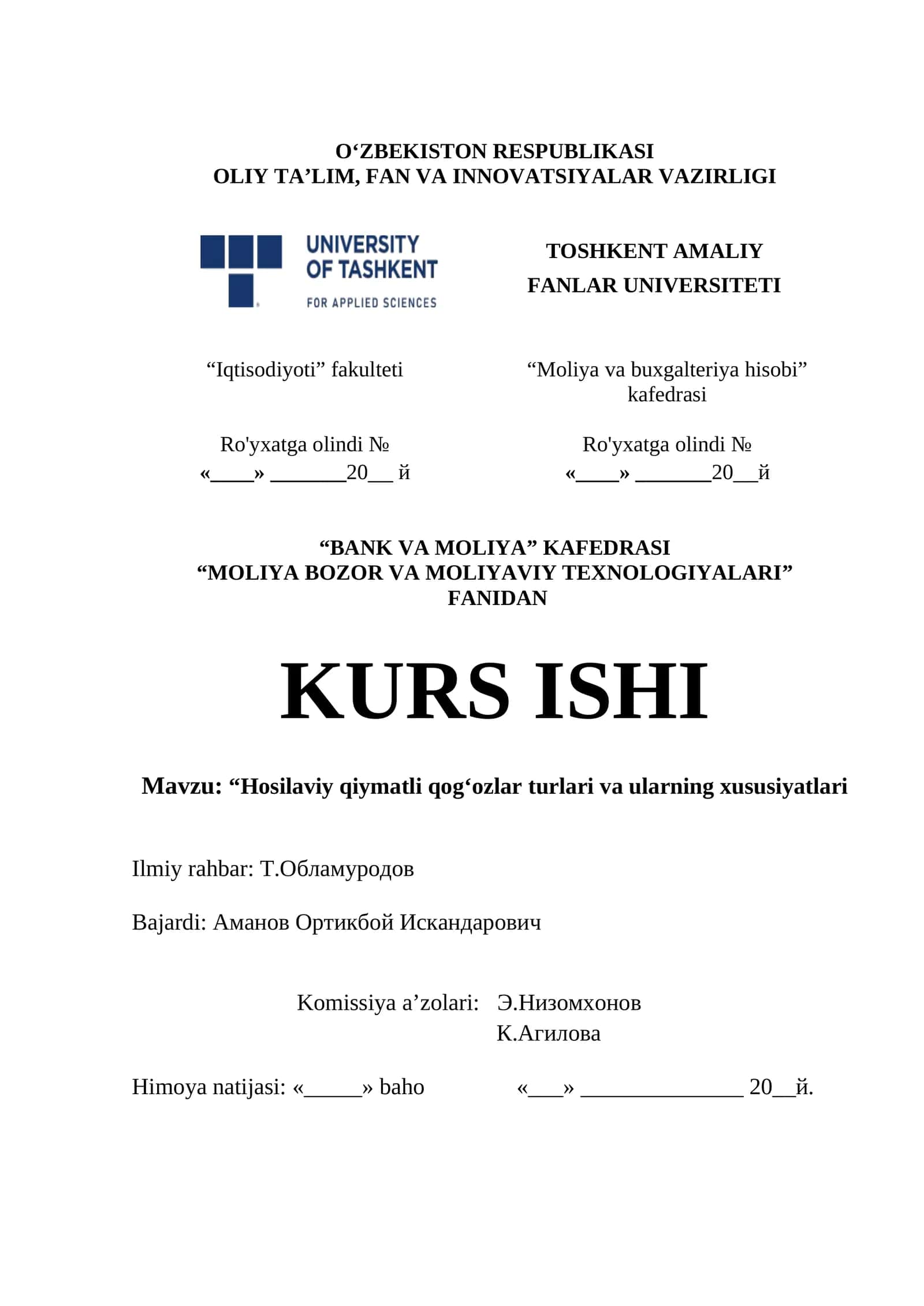 "Hosilaviy qiymatli qog‘ozlar turlari va ularning xususiyatlari"