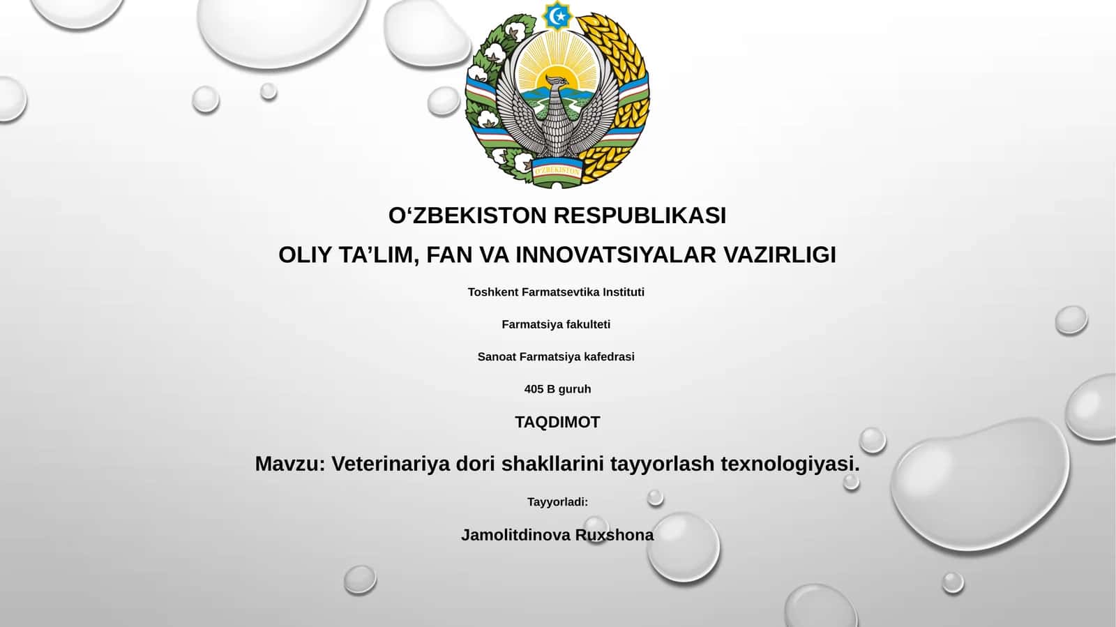 Veterinariya dori shakllarini tayyorlash texnologiyasi