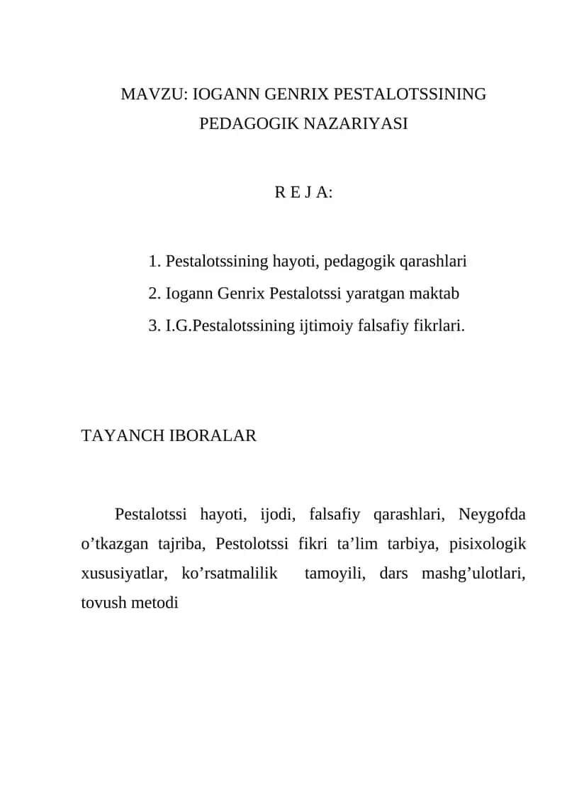 IOGANN GENRIX PESTALOTSSINING PEDAGOGIK NAZARIYASI