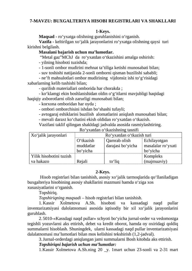 BUXGALTERIYA HISOBI REGISTRLARI VA SHAKLLARI