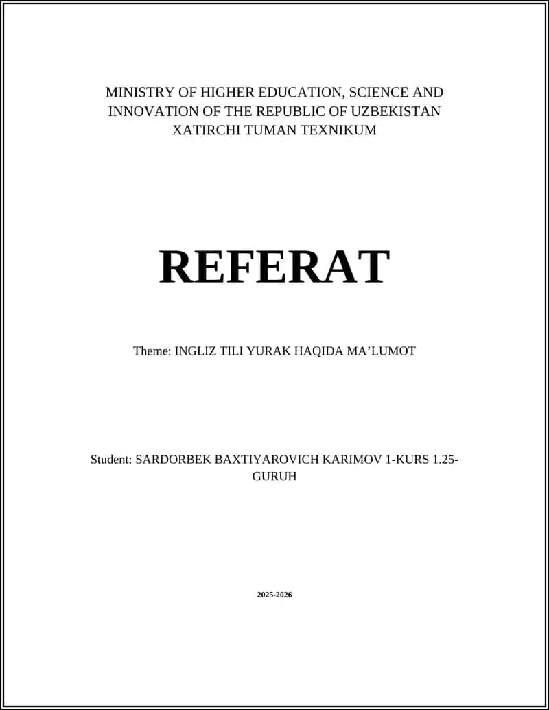 XATIRCHI TUMAN TEXNIKUM REFERAT