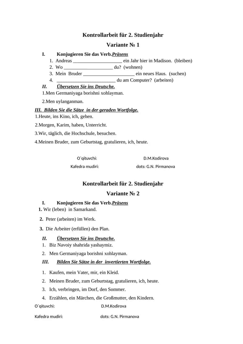 Kontrollarbeit für 2. Studienjahr