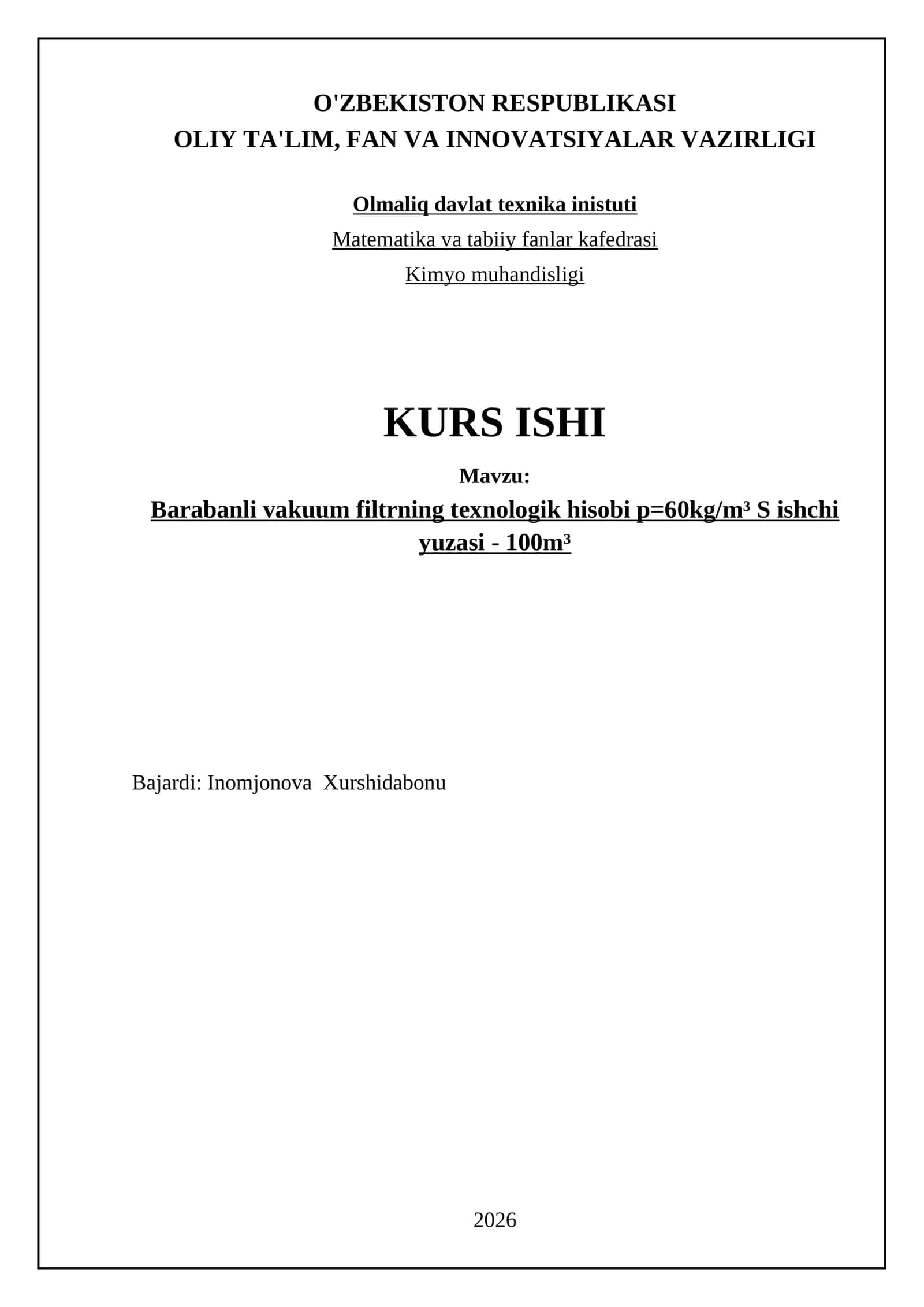 Barabanli vakuum filtrning texnologik hisobi
