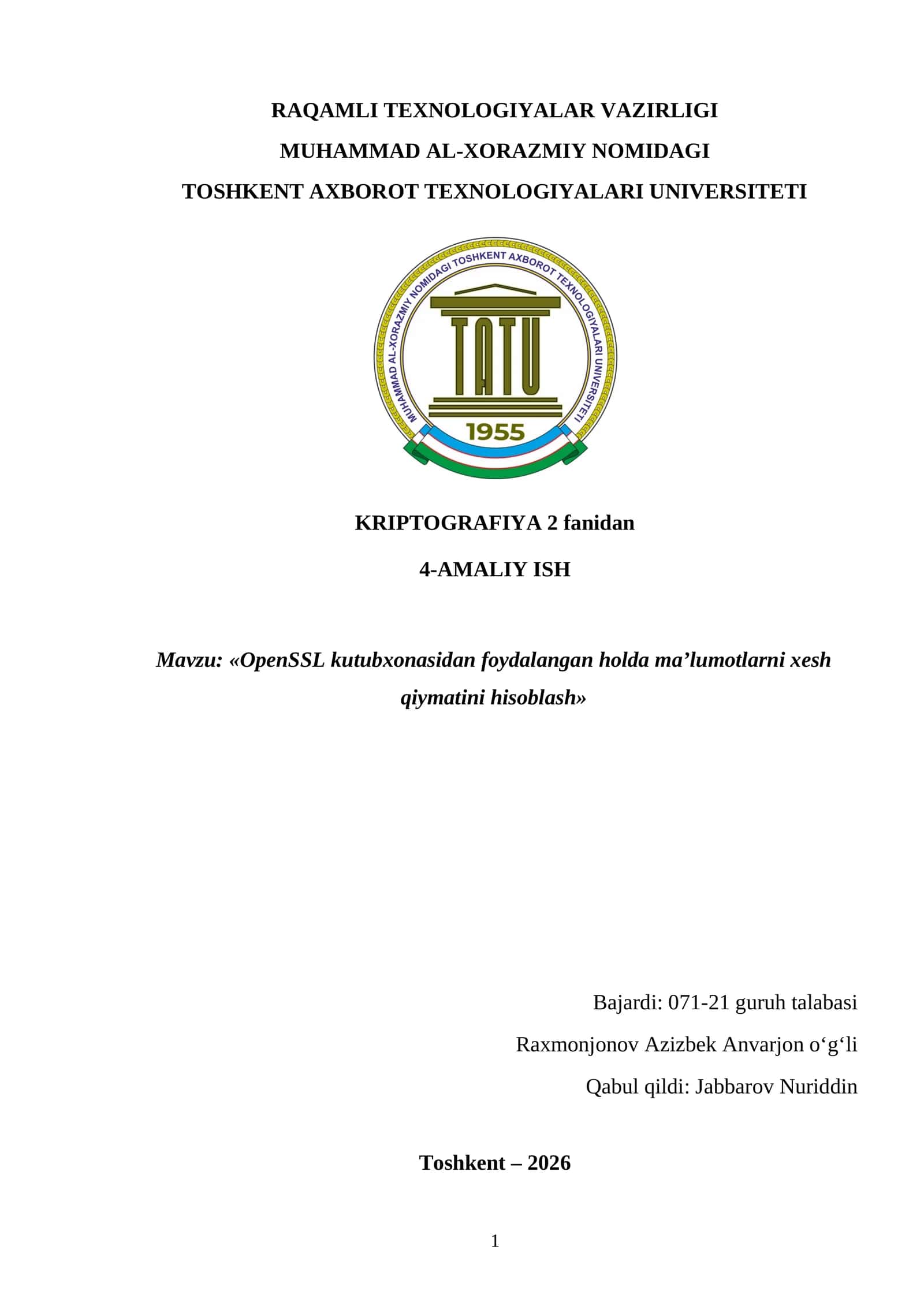 OpenSSL kutubxonasidan foydalangan holda ma’lumotlarni xesh qiymatini hisoblash