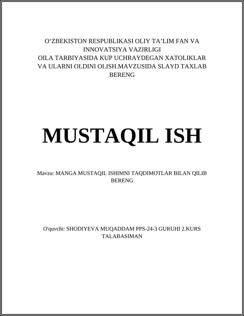 MANGA MUSTAQIL ISHIMNI TAQDIMOTLAR BILAN QILIB BERENG