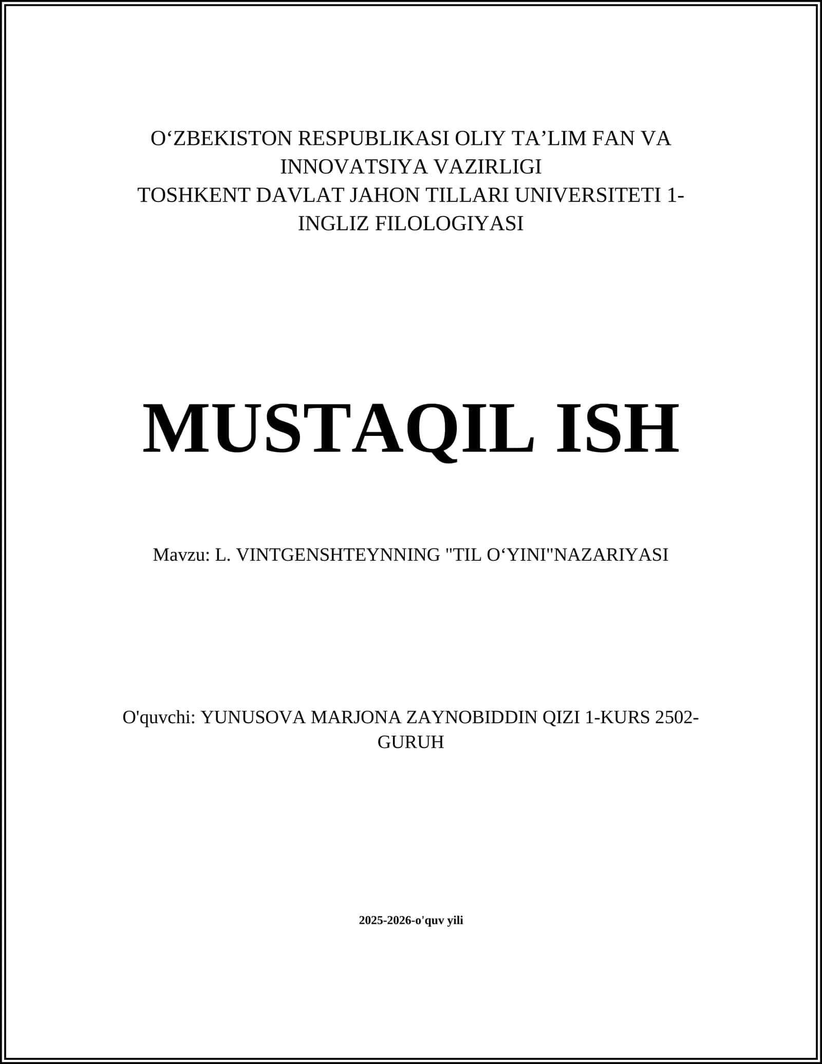 L. VINTGENSHTEYNNING "TIL OʻYINI"NAZARIYASI