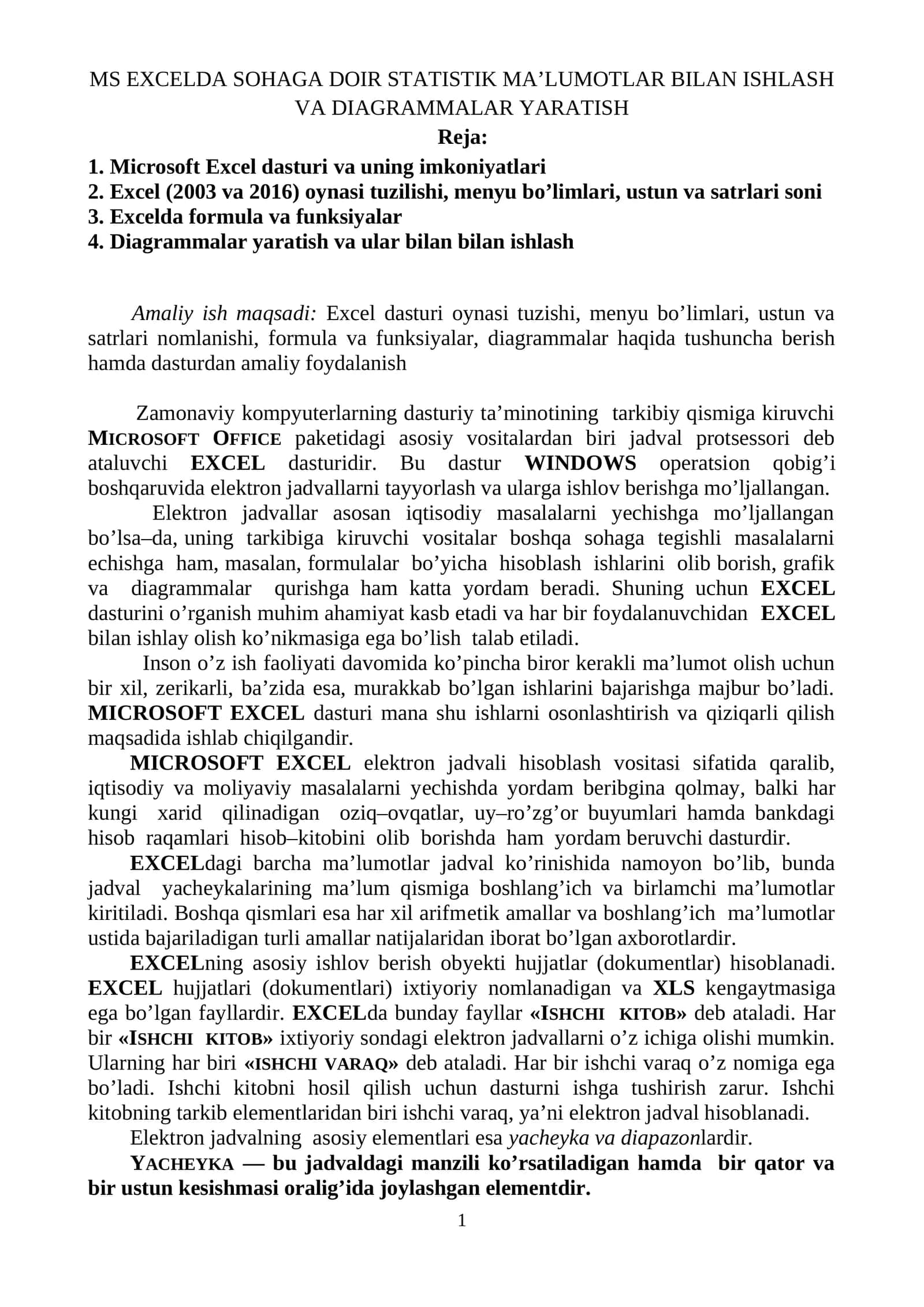 MS Excelda sohaga doir statistik ma’lumotlar bilan ishlash va diagrammalar yaratish