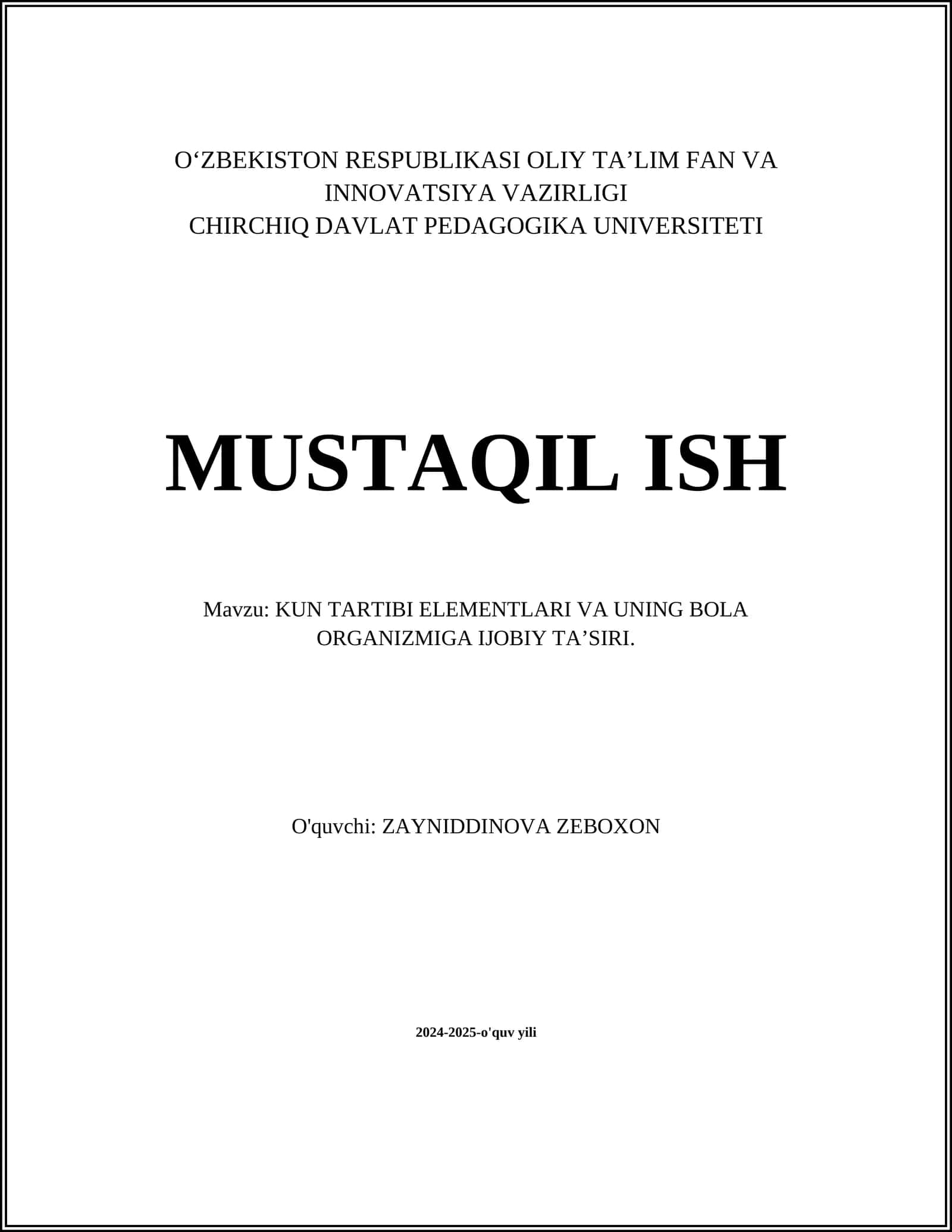 Kun Tartibi Elementlari va uning bola organizmiga ijobiy ta'siri