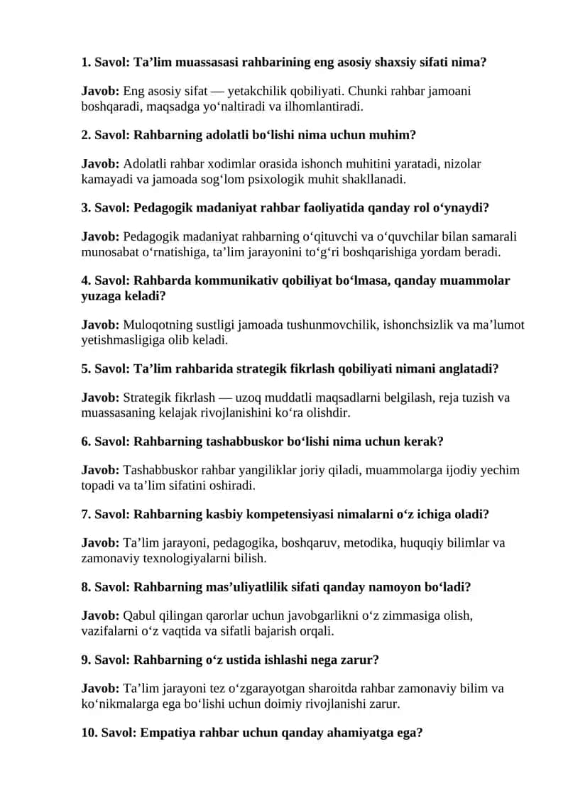 Ta'lim muassasi rahbarining shaxsiy sifatlari Test