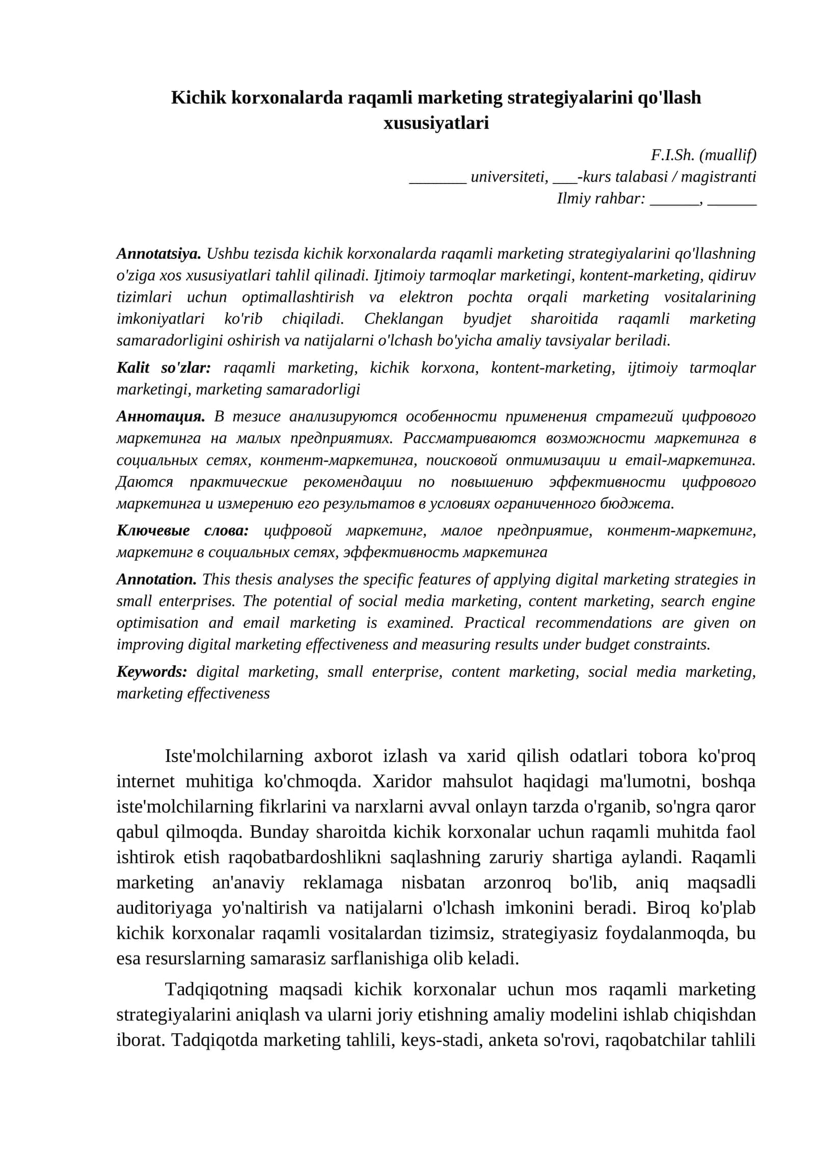 Na'muna tezis 17 Menejment va marketing Kichik korxonalarda raqamli marketing strategiyalarini qolla namuna