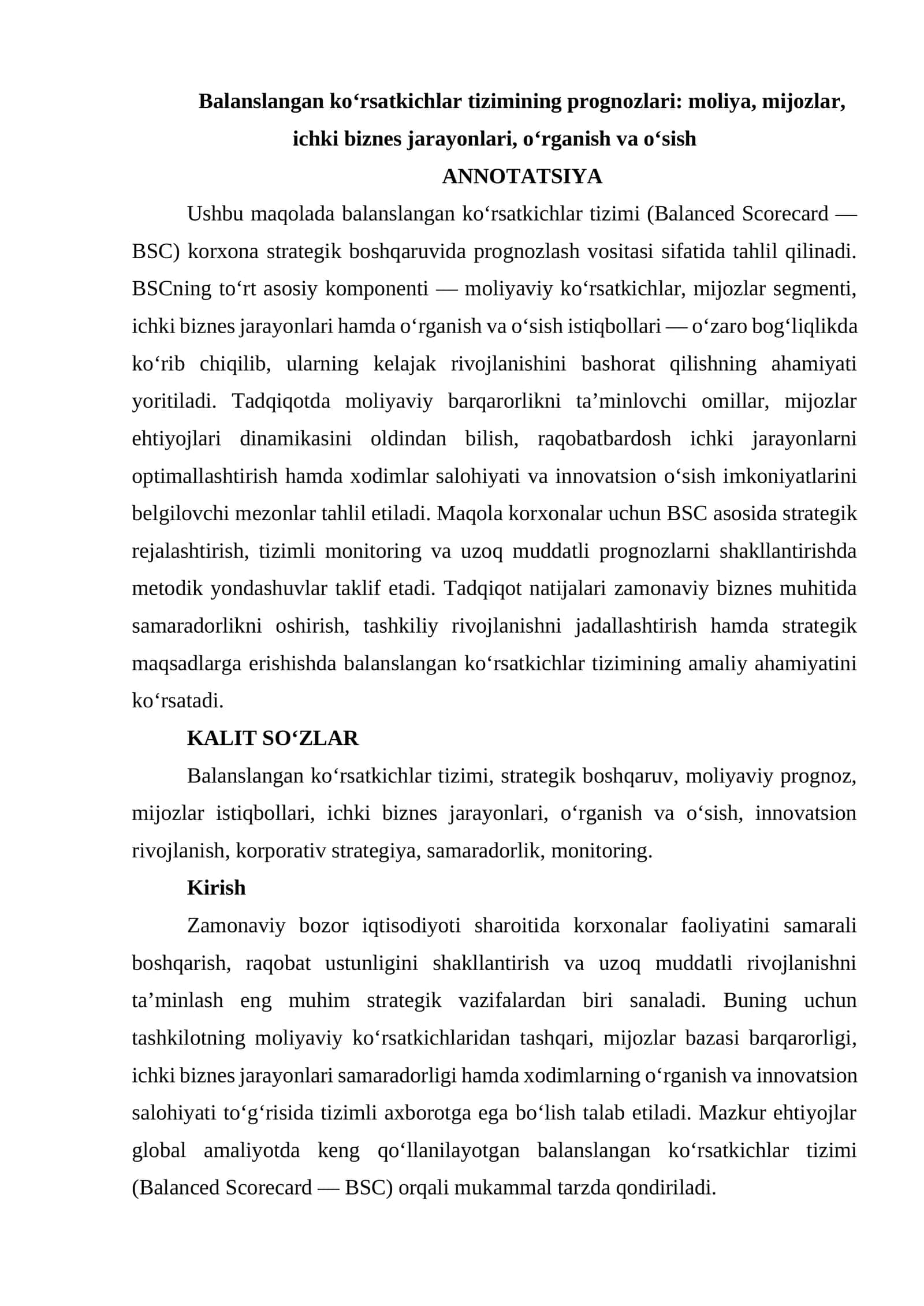Balanslangan ko‘rsatkichlar tizimi (Balanced Scorecard — BSC)