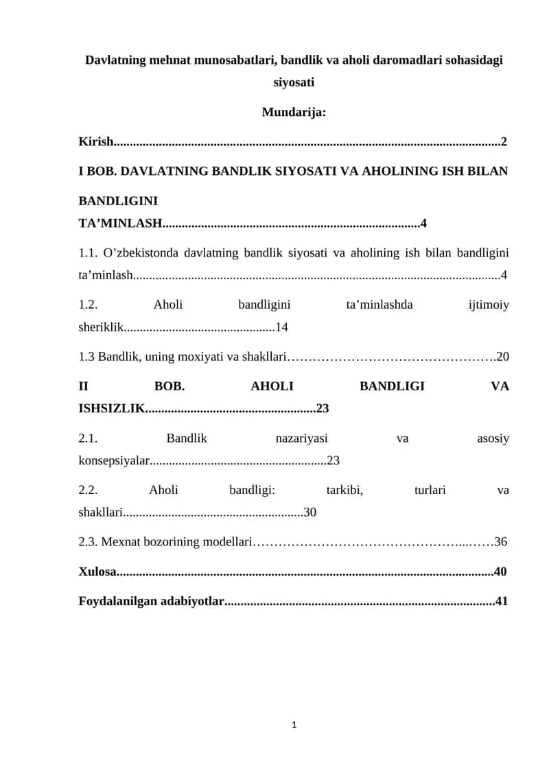Davlatning mehnat munosabatlari, bandlik va aholi daromadlari sohasidagi siyosati