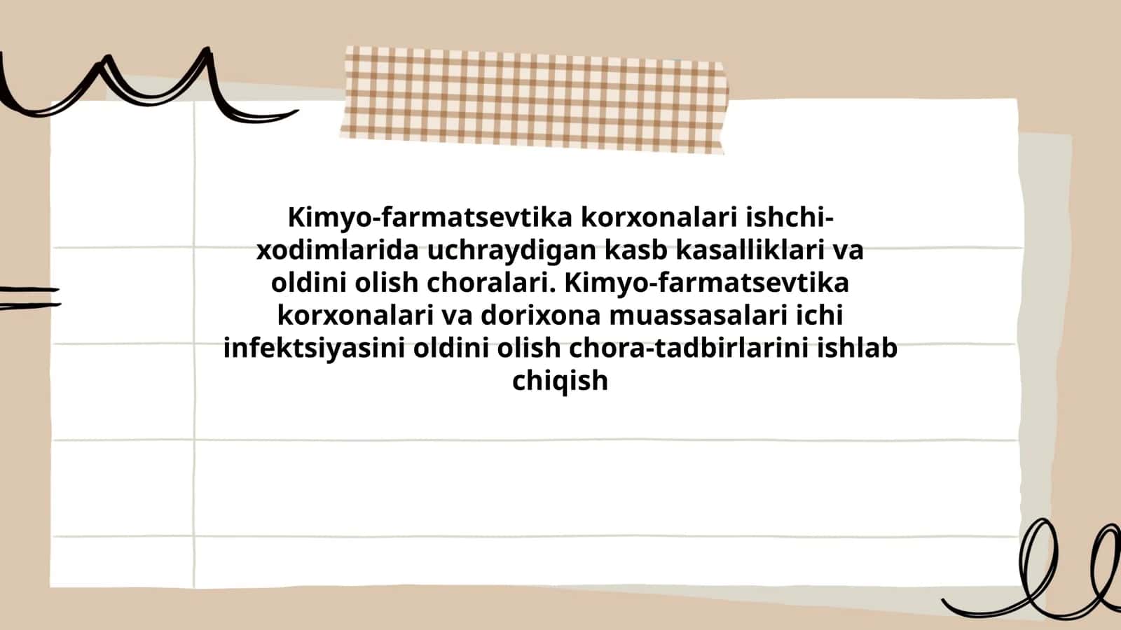 Kimyo-farmatsevtika korxonalari ishchi-xodimlarida uchraydigan kasb kasalliklari va oldini olish choralari. Kimyo-farmatsevtika korxonalari va dorixona muassasalari ichi infektsiyasini oldini olish chora-tadbirlarini ishlab chiqish