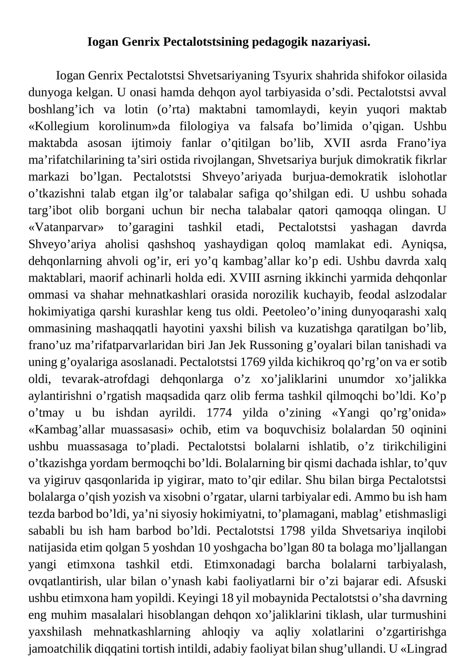 Iogan Genrix Pectalotstsining pedagogik nazariyasi