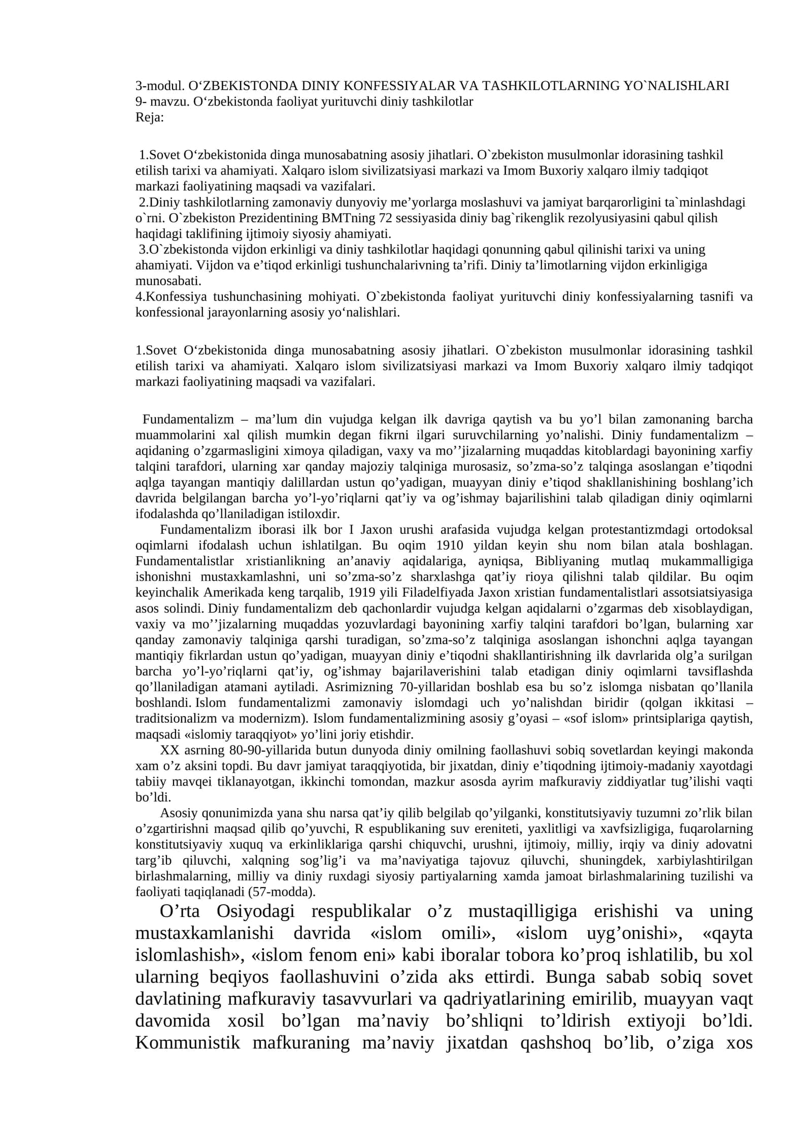 O‘ZBEKISTONDA DINIY KONFESSIYALAR VA TASHKILOTLARNING YO`NALISHLARI