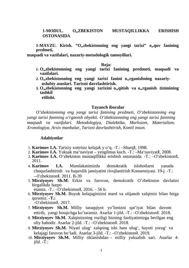 О„ZBEKISTON MUSTAQILLIKKA ERISHISH OSTONASIDA