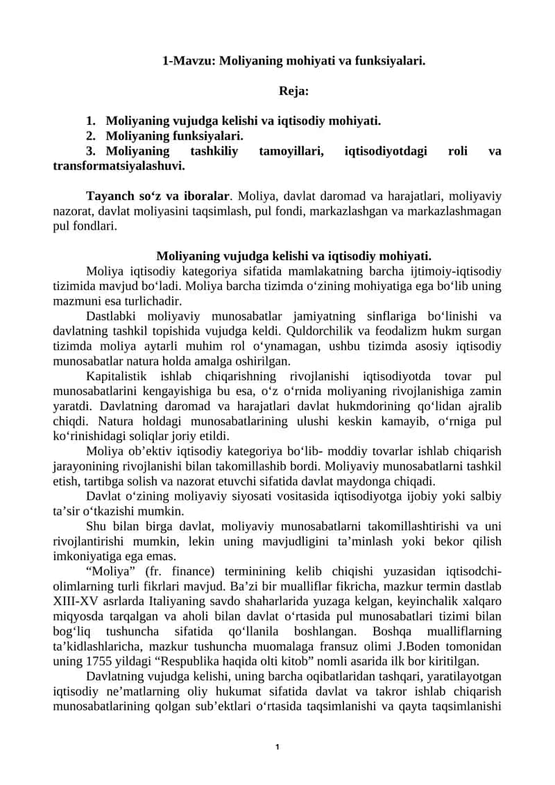 Moliyaning mohiyati va funksiyalari