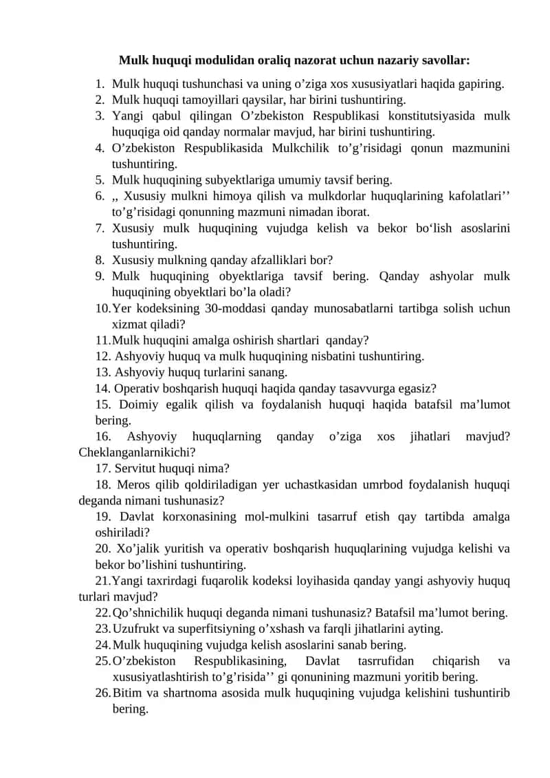 Mulk huquqi modulidan oraliq nazorat