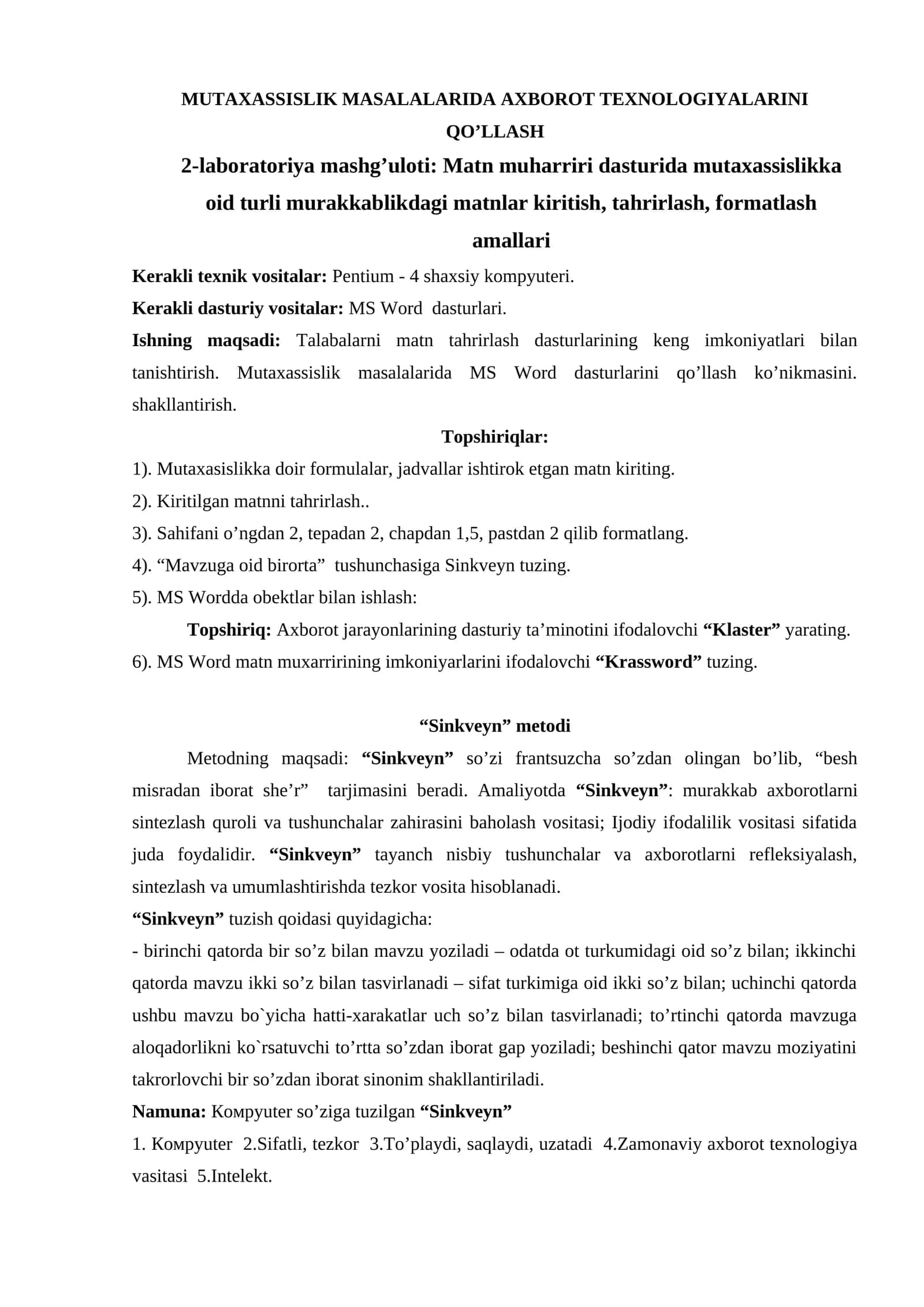MUTAXASSISLIK MASALALARIDA AXBOROT TEXNOLOGIYALARINI QO’LLASH