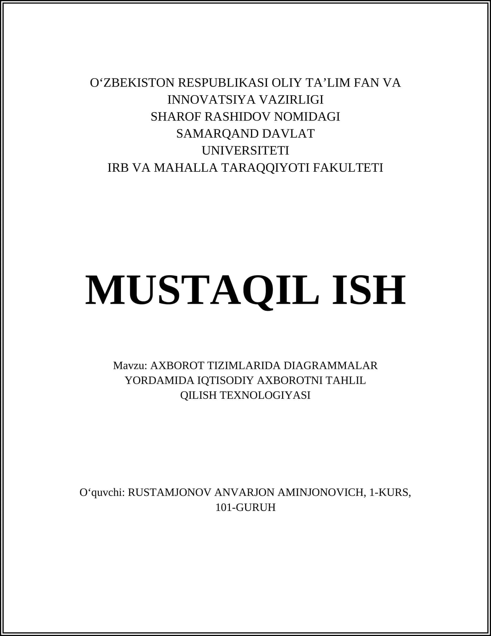 AXBOROT TIZIMLARIDA DIAGRAMMALAR YORDAMIDA IQTISODIY AXBOROTNI TAHLIL QILISH TEXNOLOGIYASI