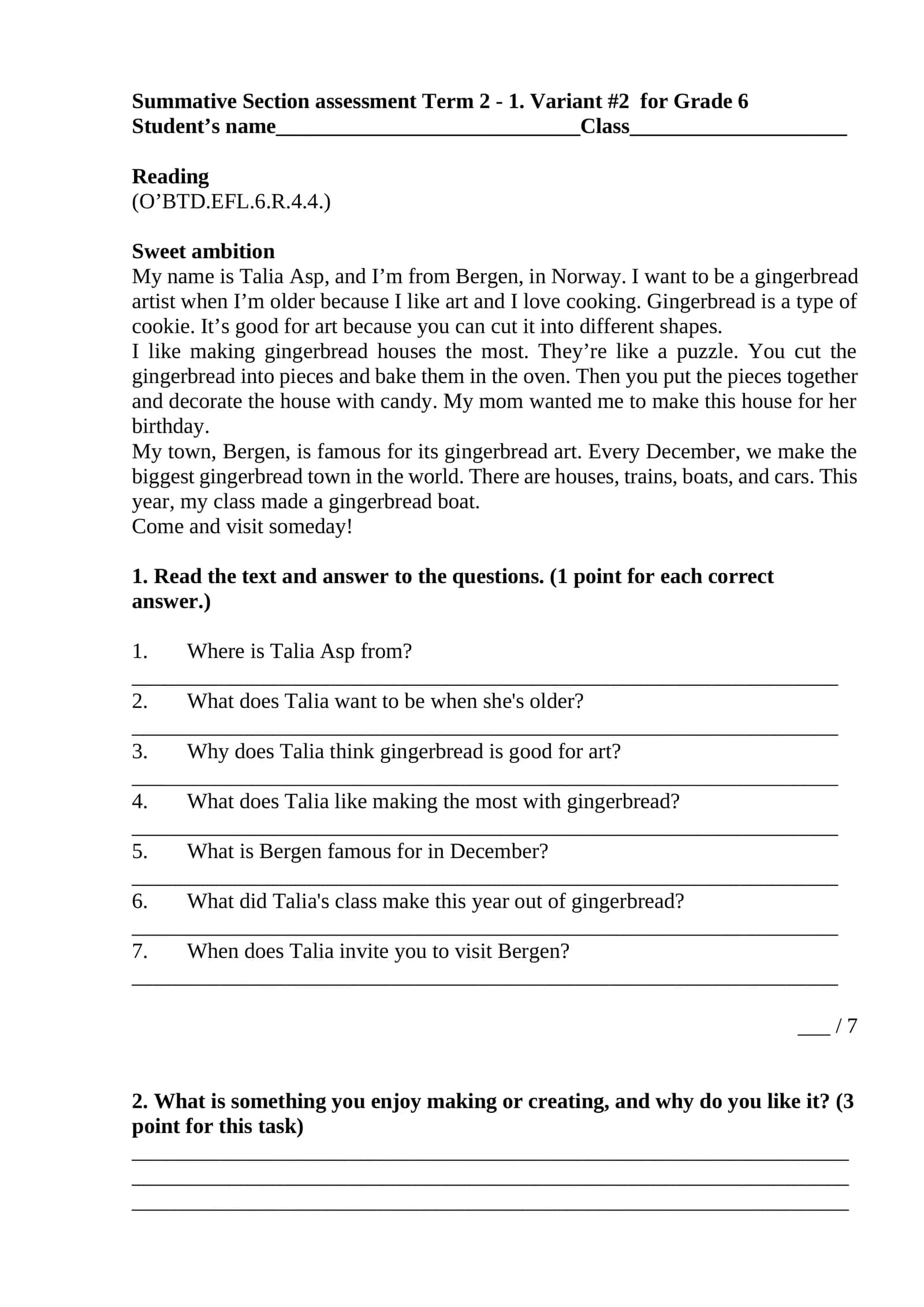 Summative Section assessment Term 2 - 1. Variant #2 for Grade 6