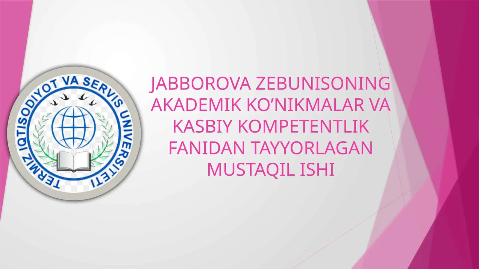 JABBOROVAZEBUNISONING AKADEMIKKO’NIKMALAR VA KASBIY KOMPETENTLIK FANIDAN TAYYORLAGAN MUSTAQIL ISHI