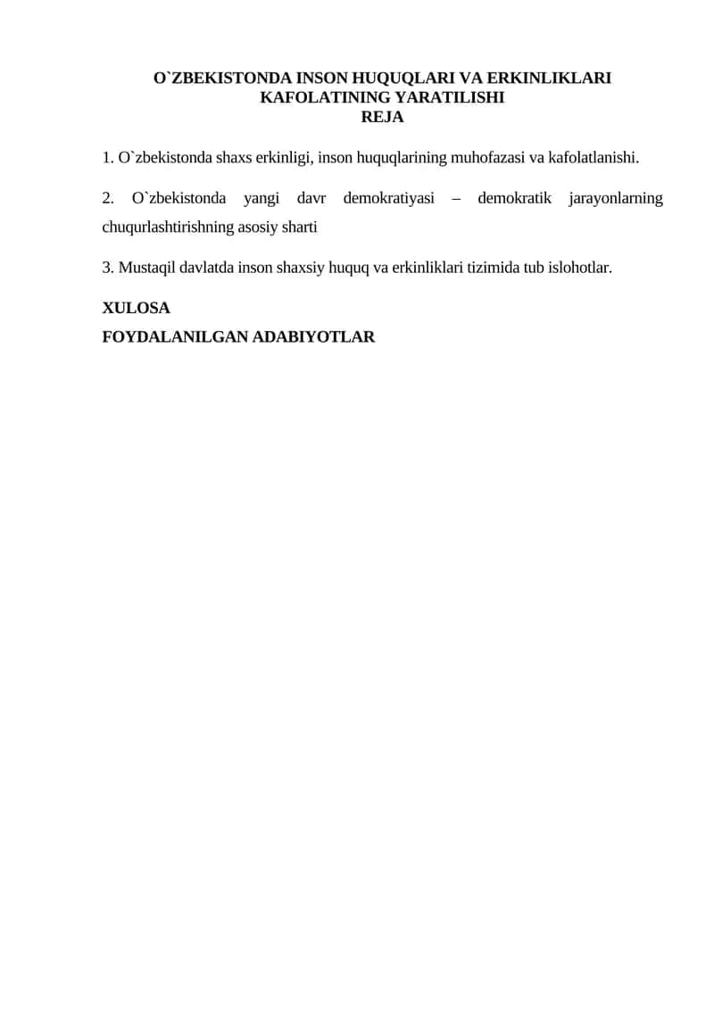 O`ZBEKISTONDA INSON HUQUQLARI VA ERKINLIKLARI KAFOLATINING YARATILISHI
