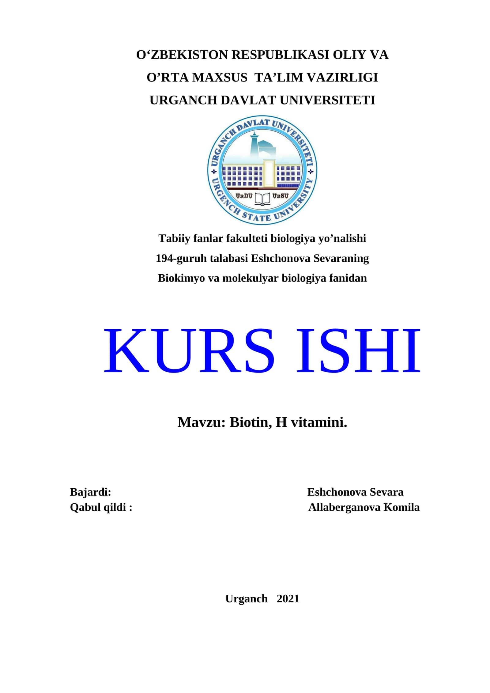 Biotin, H vitamini KURS ISHI