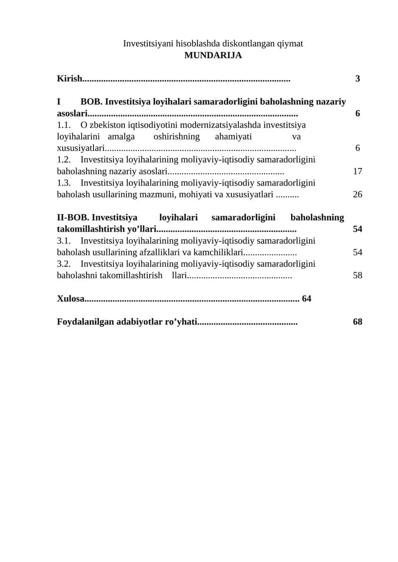 Investitsiyani hisoblashda diskontlangan qiymat
