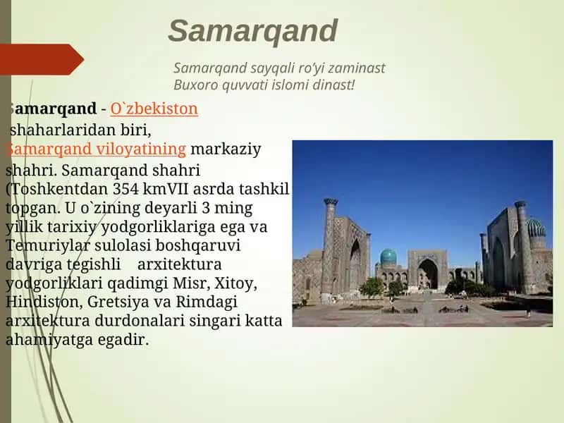 - Tags (comma-separated): Samarqand, O`zbekiston, tarixiy yodgorliklar, Temuriylar, arxitektura, Afrosiyob