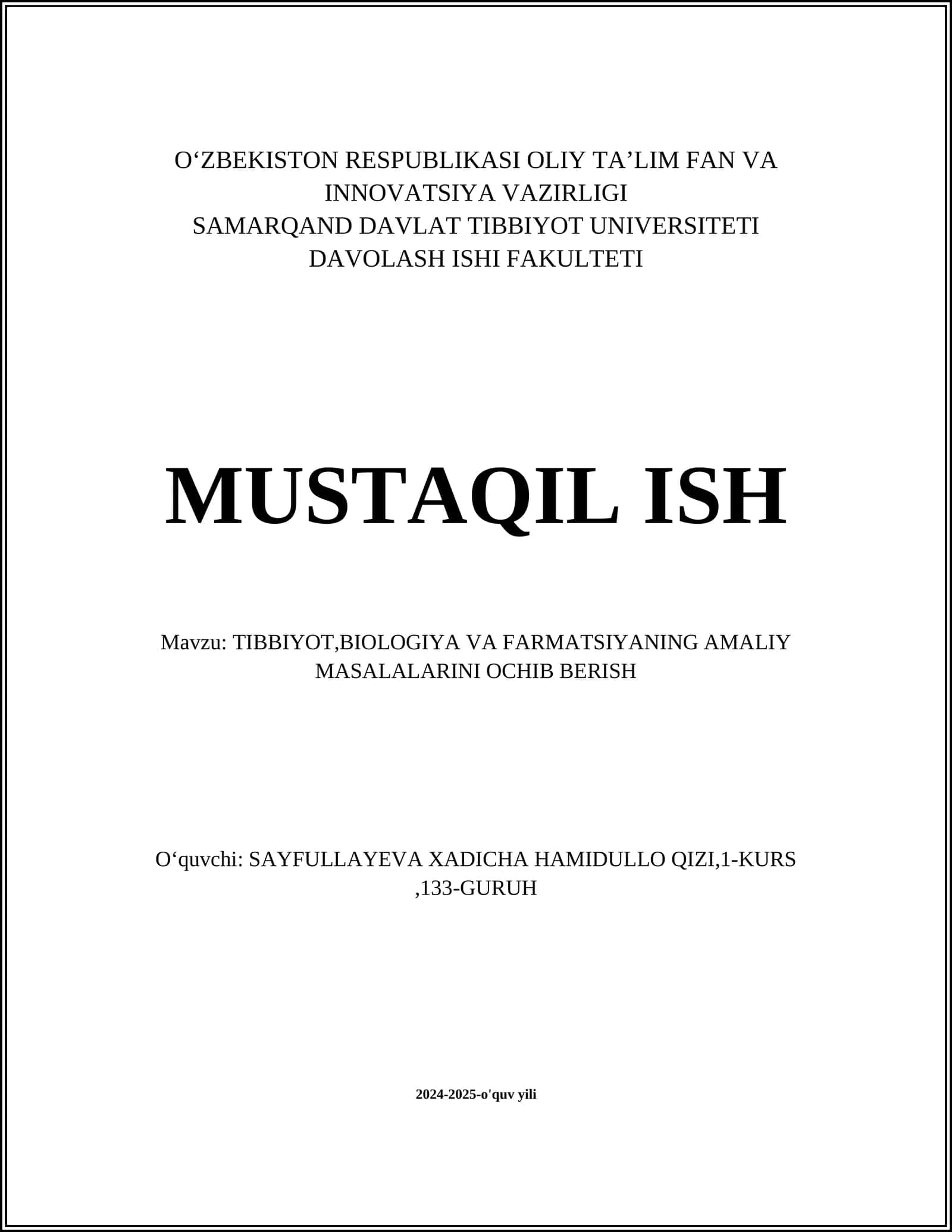 TIBBIYOT,BIOLOGIYA VA FARMATSIYANING AMALIY MASALALARINI OCHIB BERISH