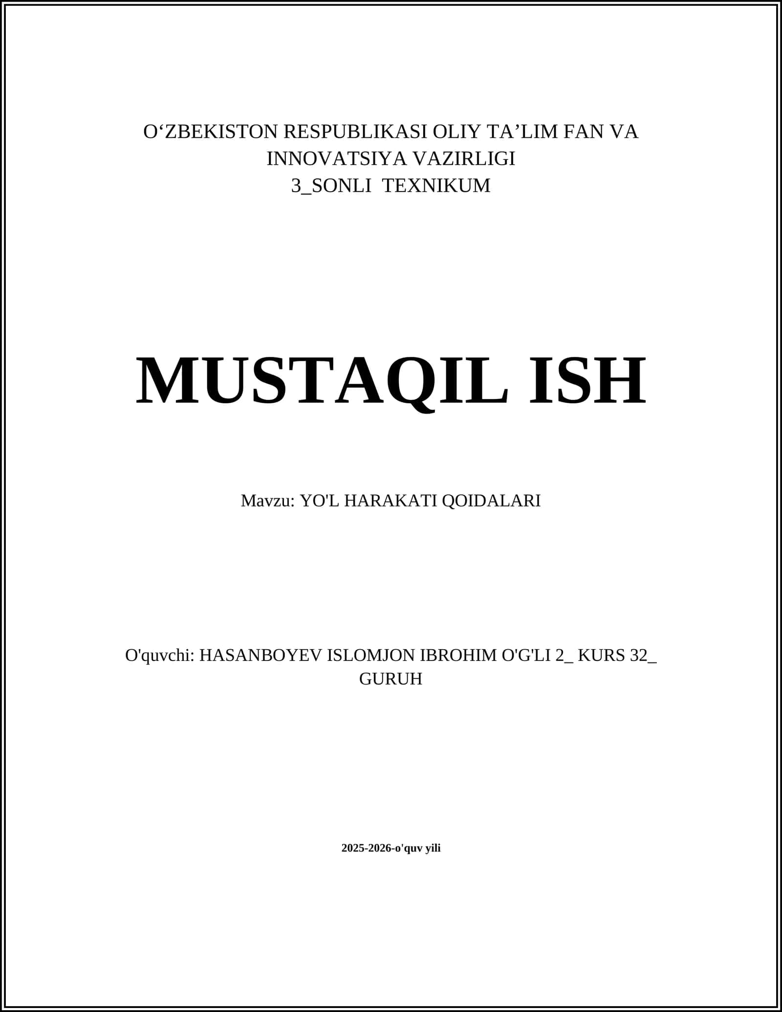 YO'L HARAKATI QOIDALARI