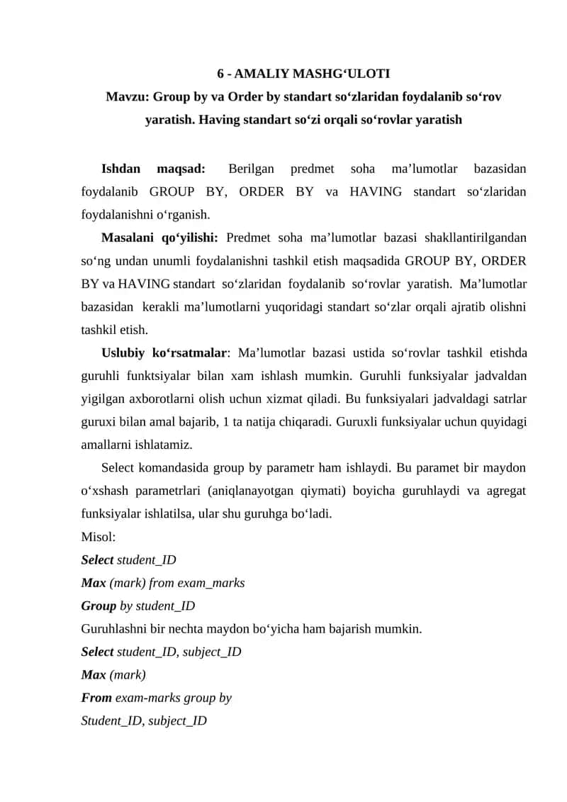 Group by , Order by AMALIY MASHG‘ULOTI