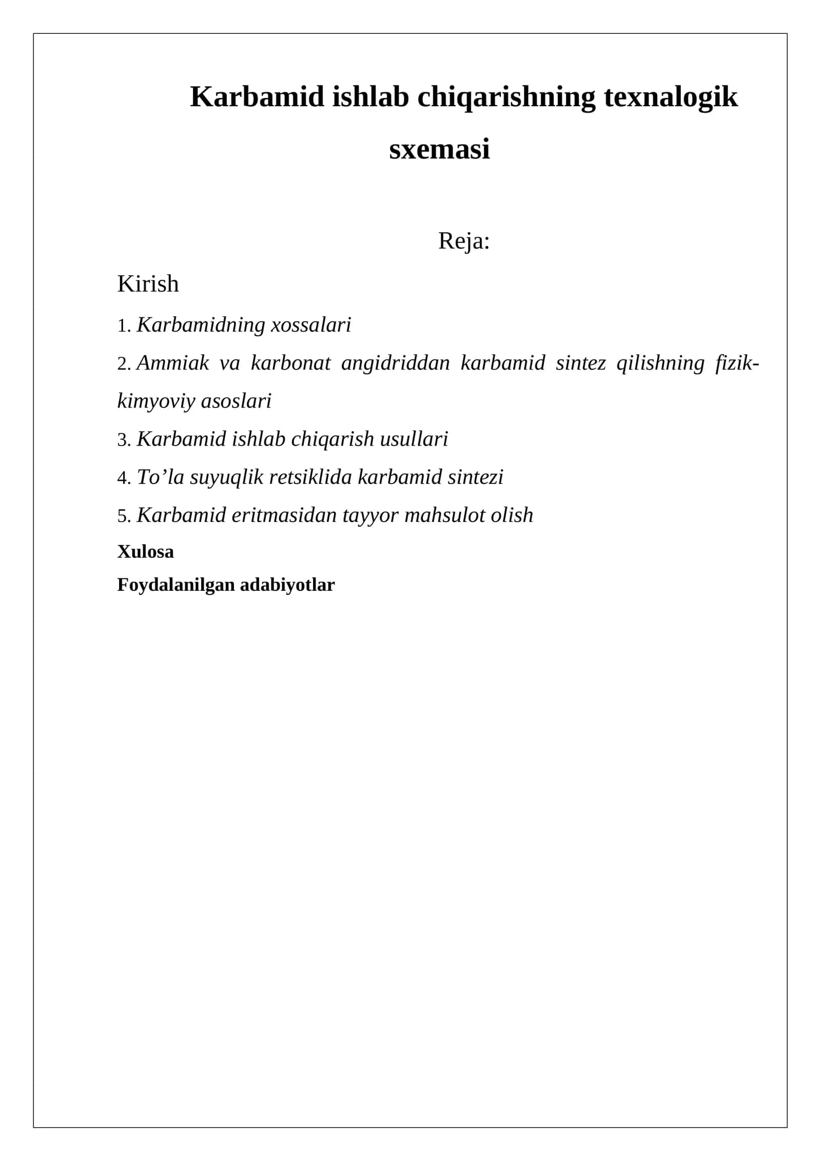 Karbamid ishlab chiqarishning texnalogik sxemasi
