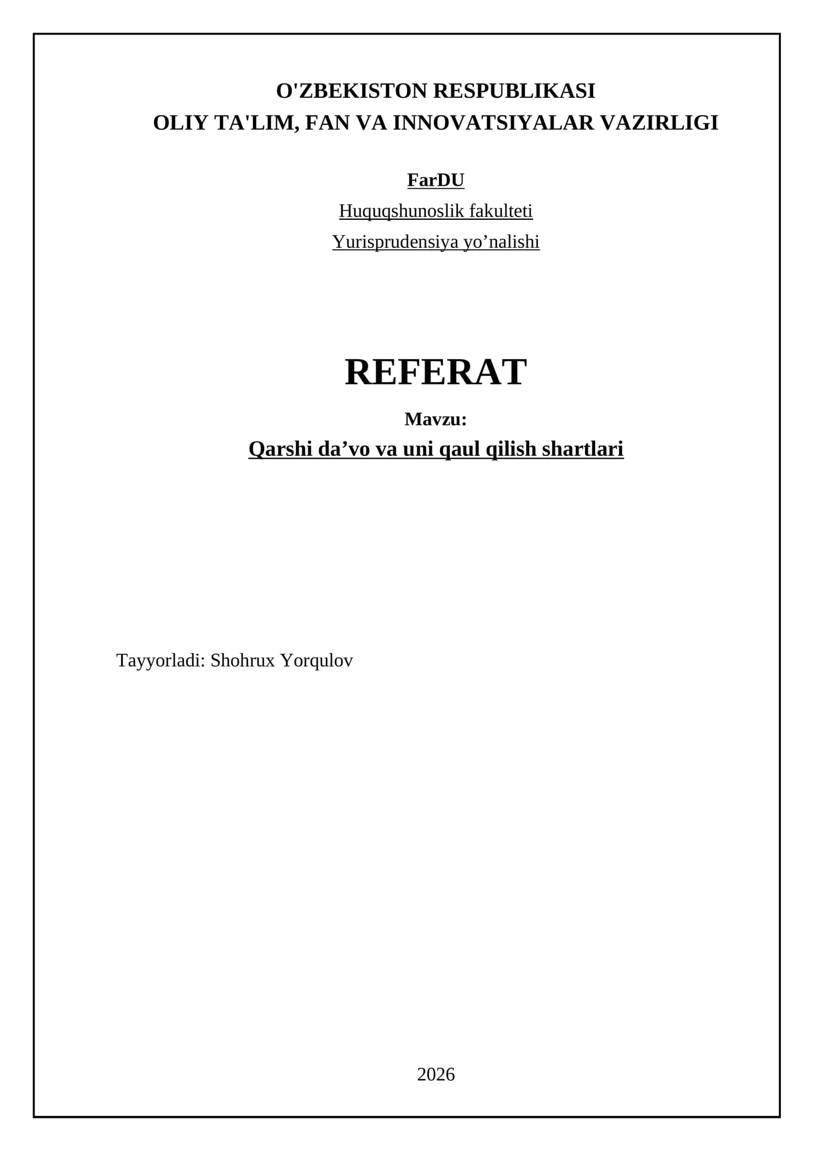 Qarshi da'vosi va uni qabul qilish shartlari