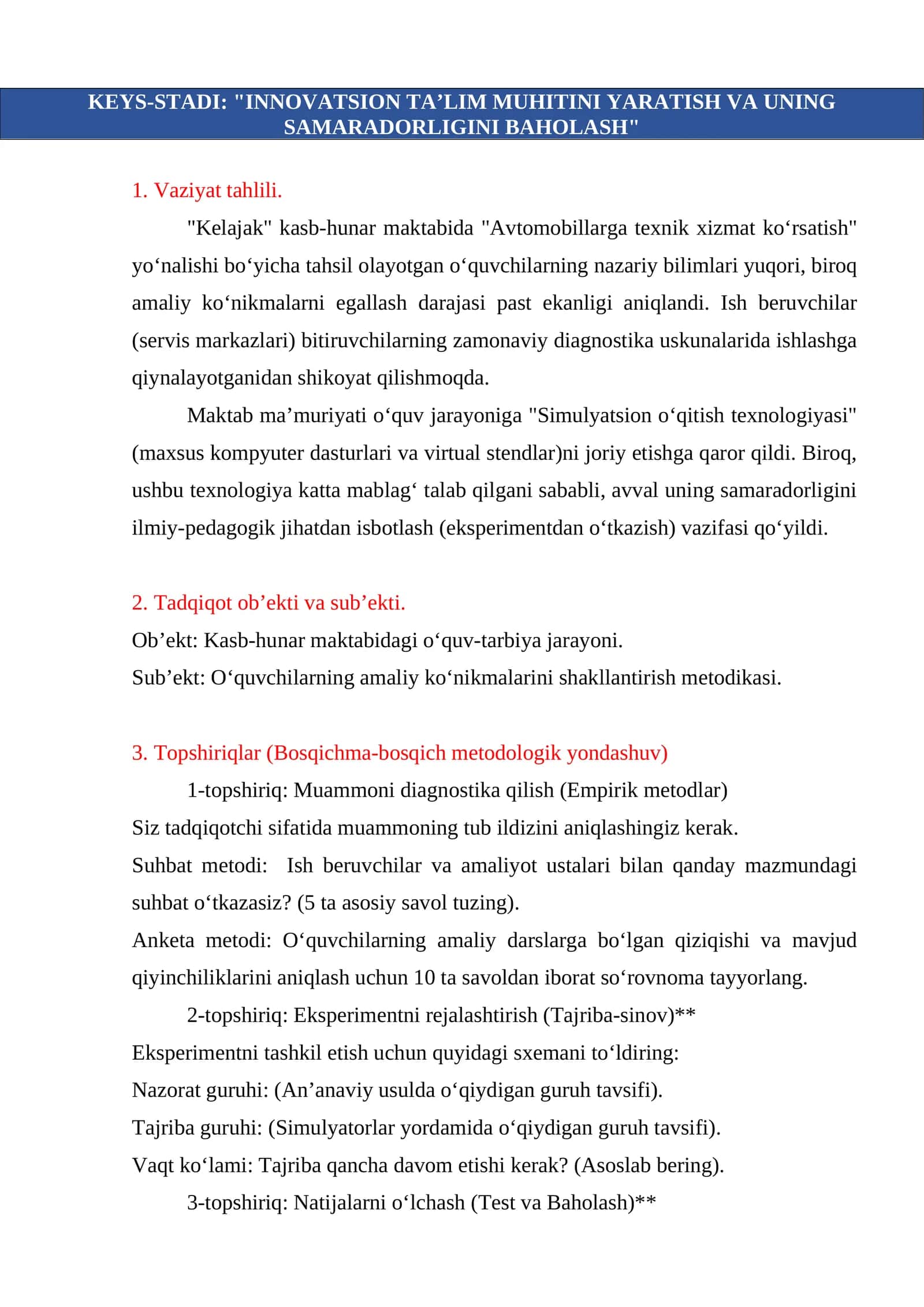 KEYS-STADI: "INNOVATSION TA’LIM MUHITINI YARATISH VA UNING SAMARADORLIGINI BAHOLASH"