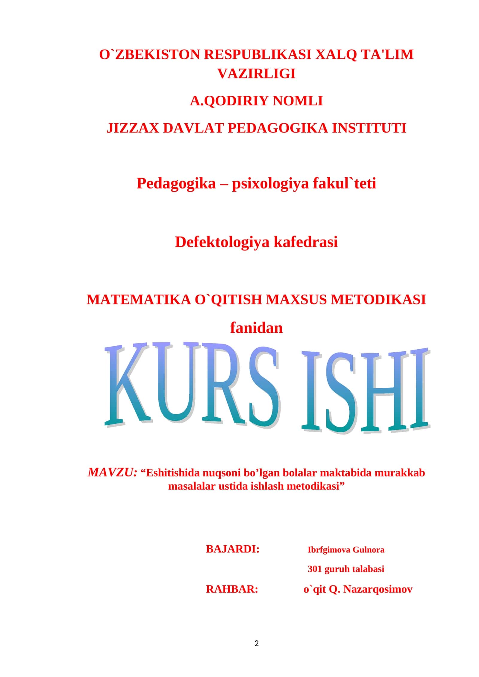 MATEMATIKA O`QITISH MAXSUS METODIKASI