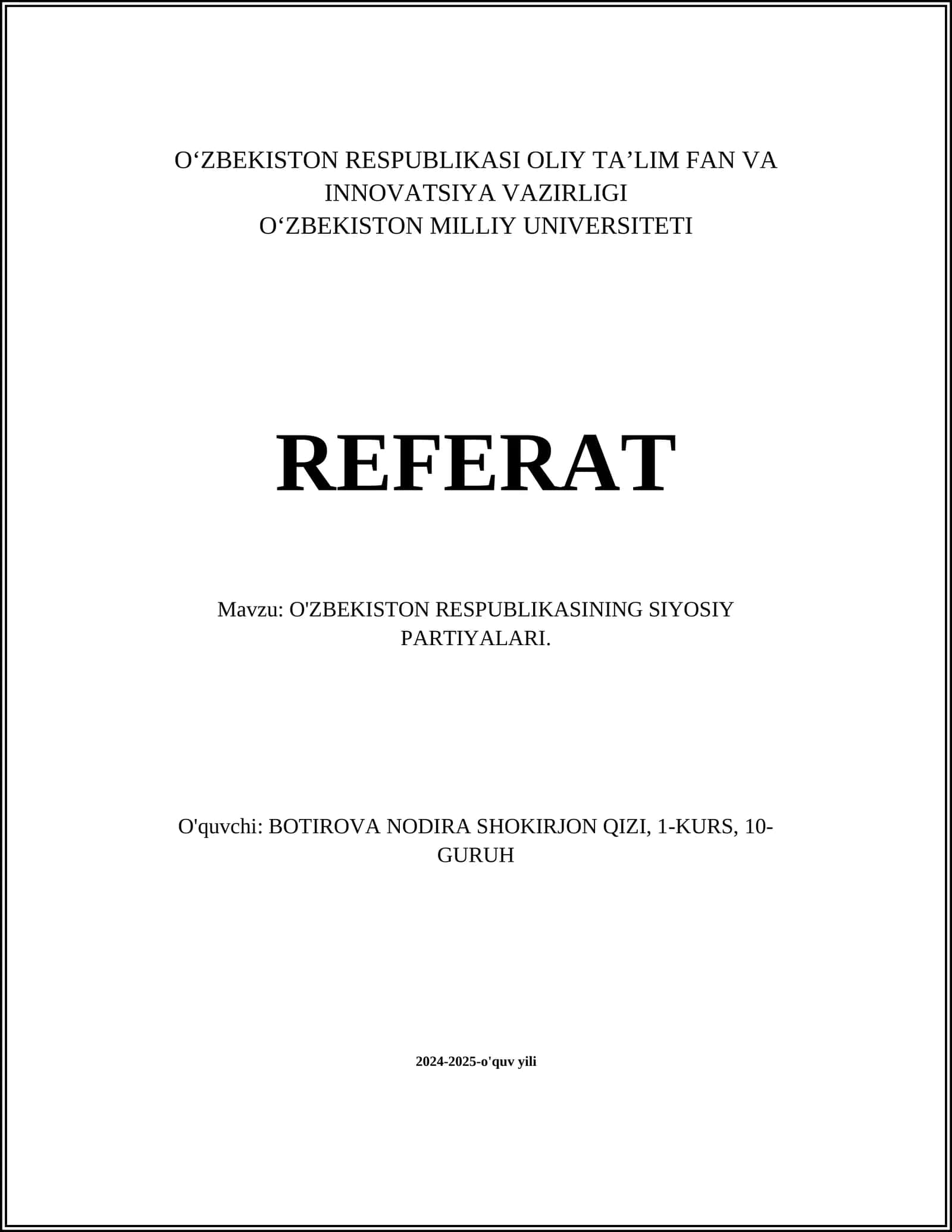O'ZBEKISTON RESPUBLIKASINING SIYOSIY PARTIYALARI