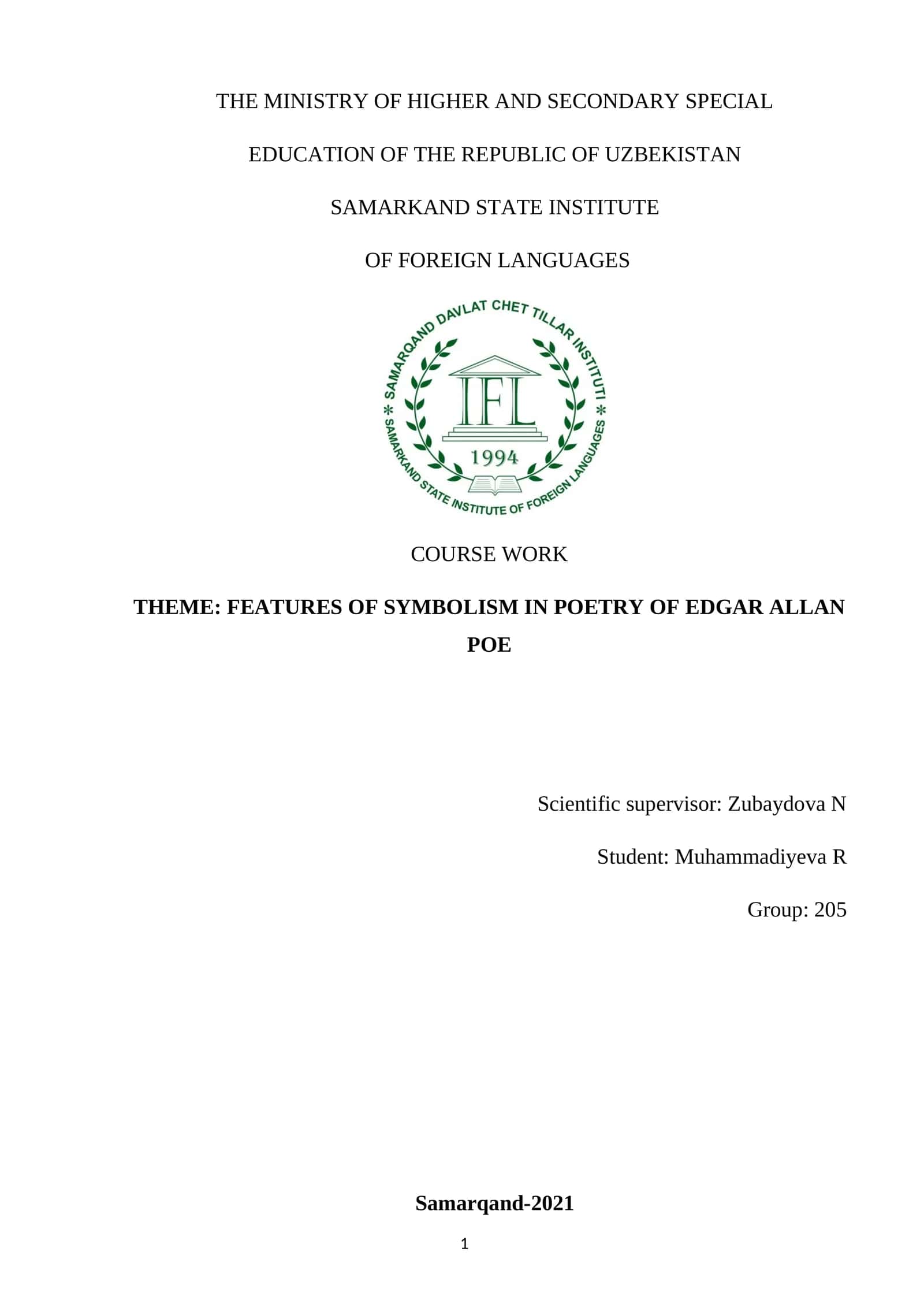 FEATURES OF SYMBOLISM IN POETRY OF EDGAR ALLAN POE
