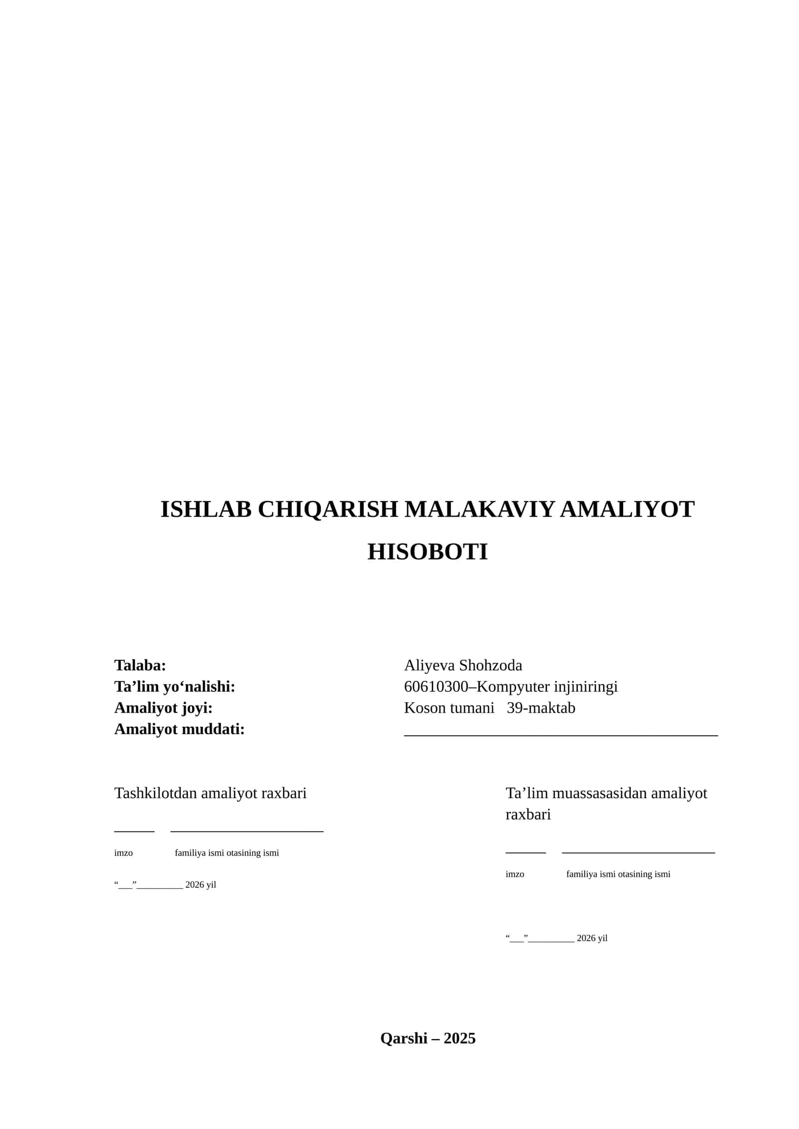 ISHLAB CHIQARISH MALAKAVIY AMALIYOT HISOBOTI