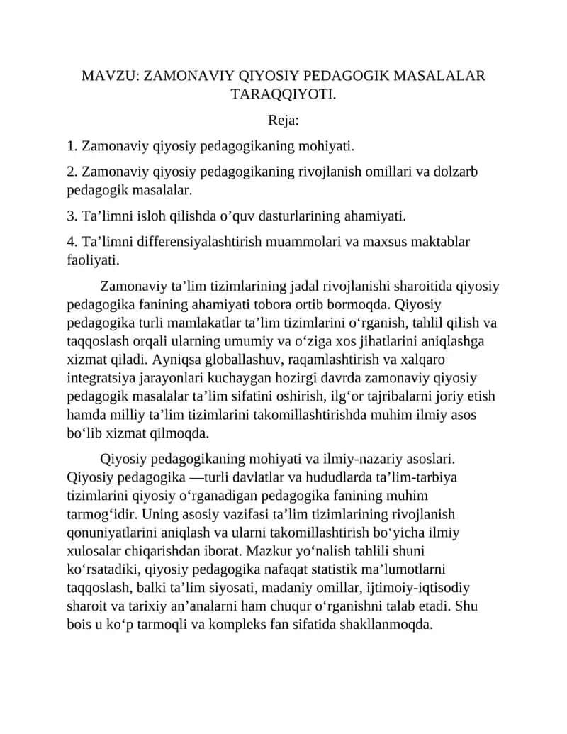 Komparativistik pedagogika. ZAMONAVIY QIYOSIY PEDAGOGIK MASALALAR TARAQQIYOTI.
