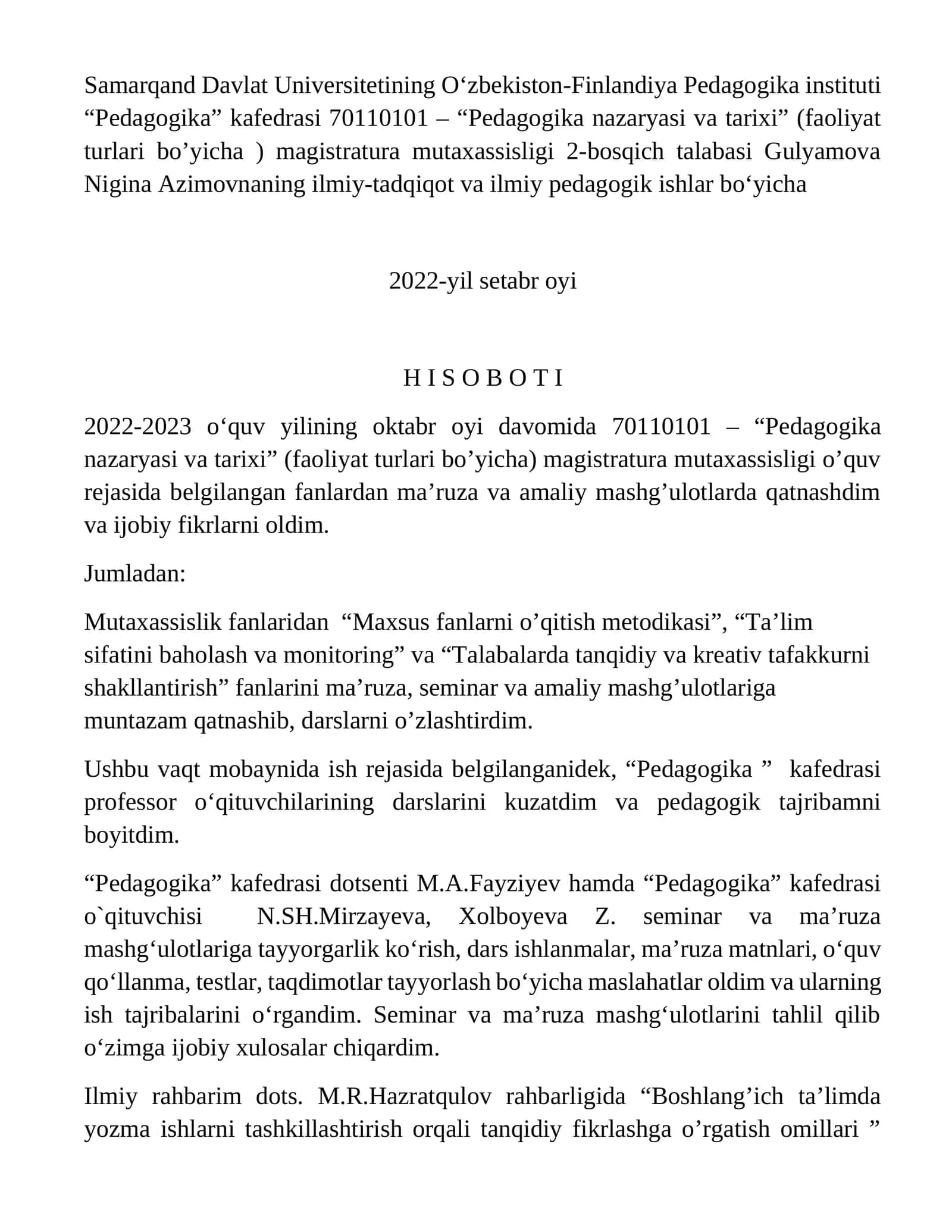 Pedagogika nazaryasi va tarixi magistratura mutaxassisligi